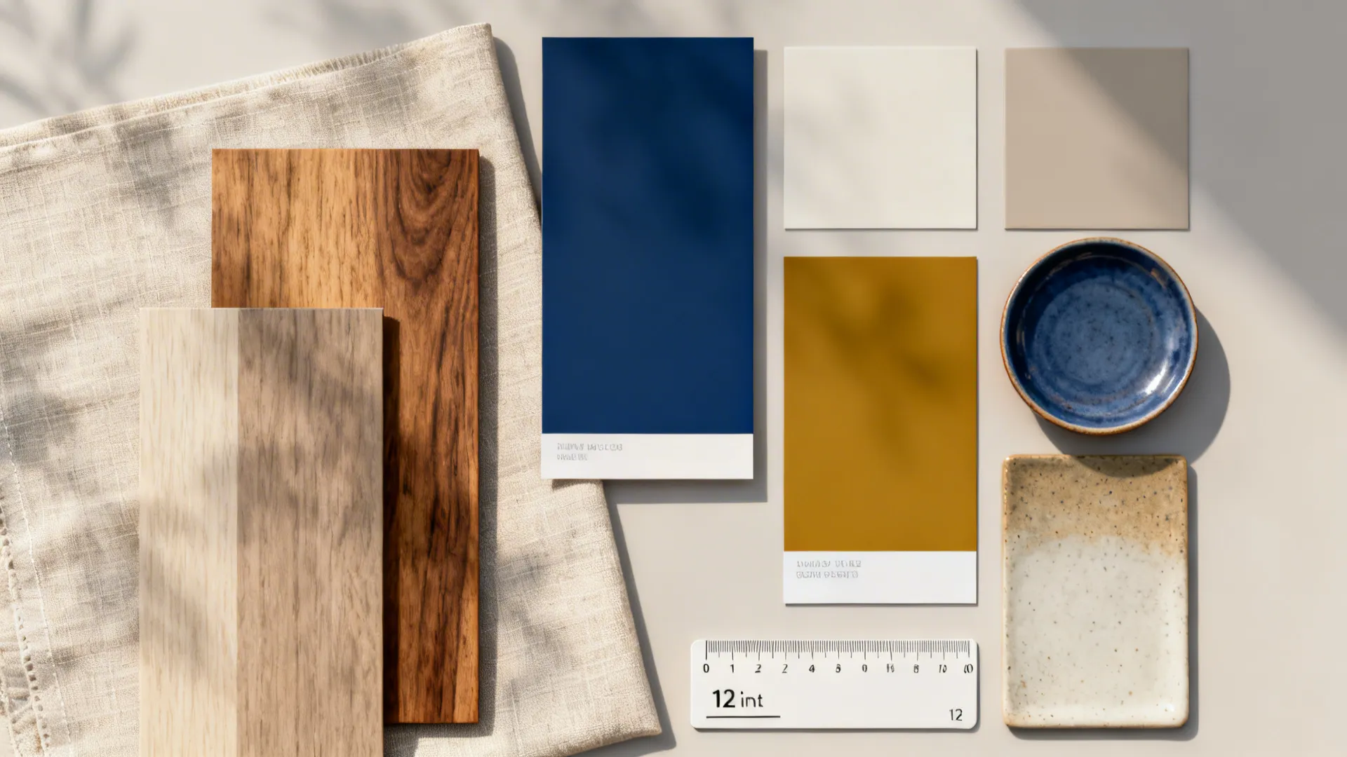 Flatlay of material swatches and color chips for planning a centerpiece palette