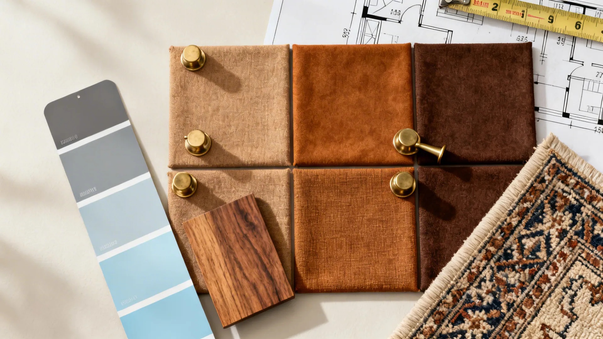 Interior design drawing with fabric swatches wood sample color palette rug and a measuring tape
