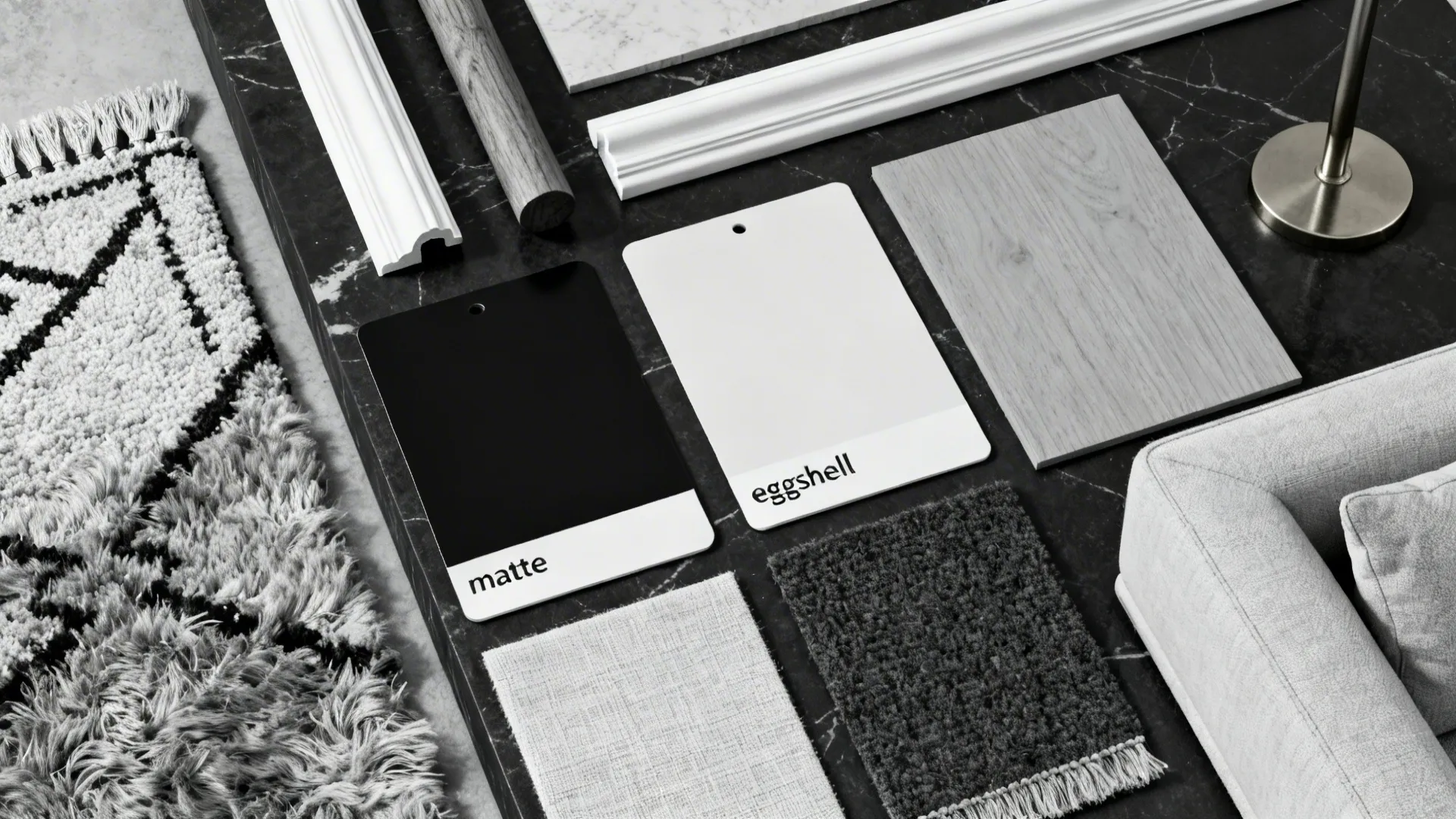 Top-down flatlay of black and white material swatches with wood and brass samples for living room styling