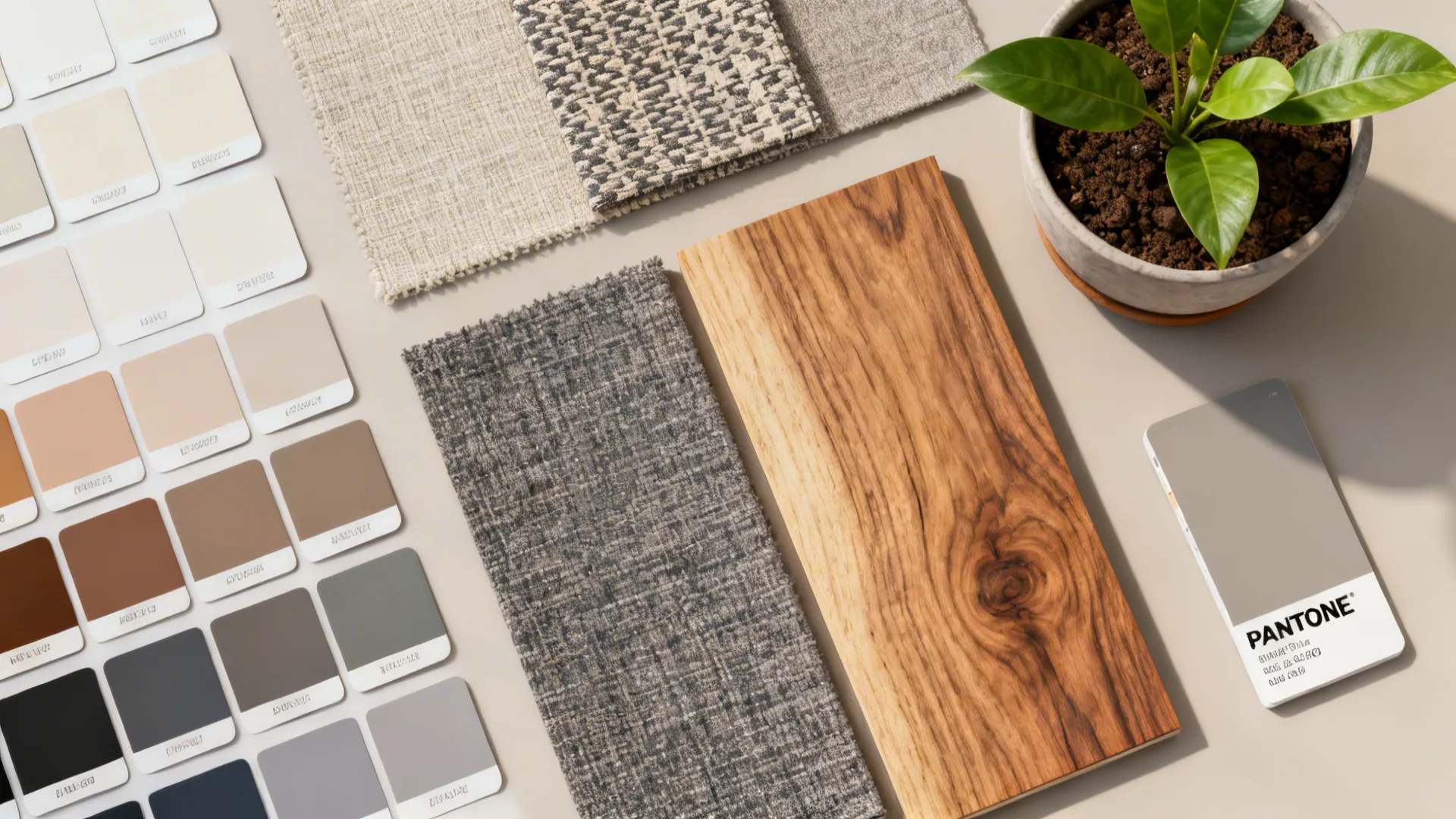 Flatlay of paint chips, fabric swatches and wood samples for living room palettes