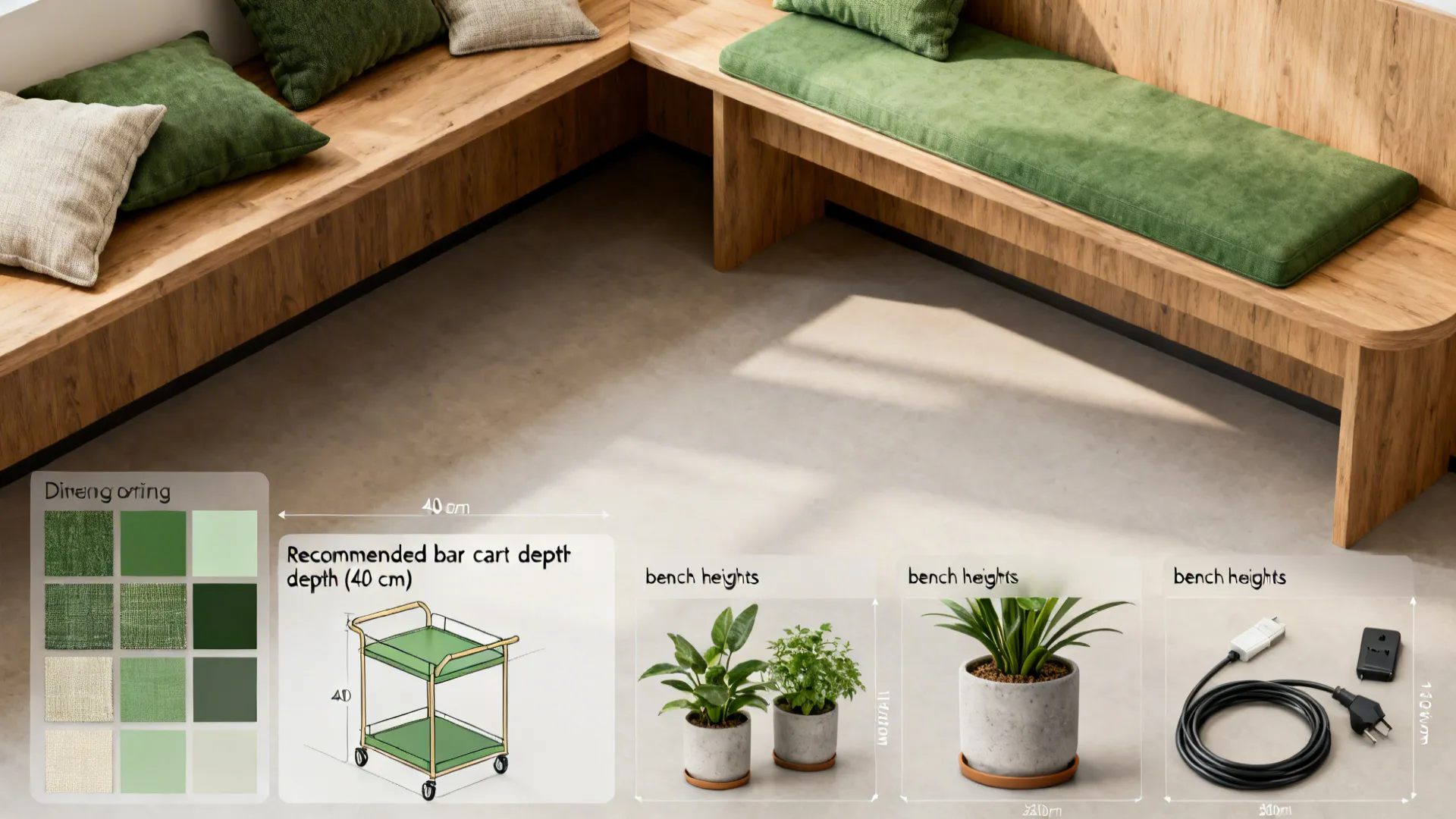 Flatlay of color swatches, fabric samples and dimension hints for a multifunctional dining corner.