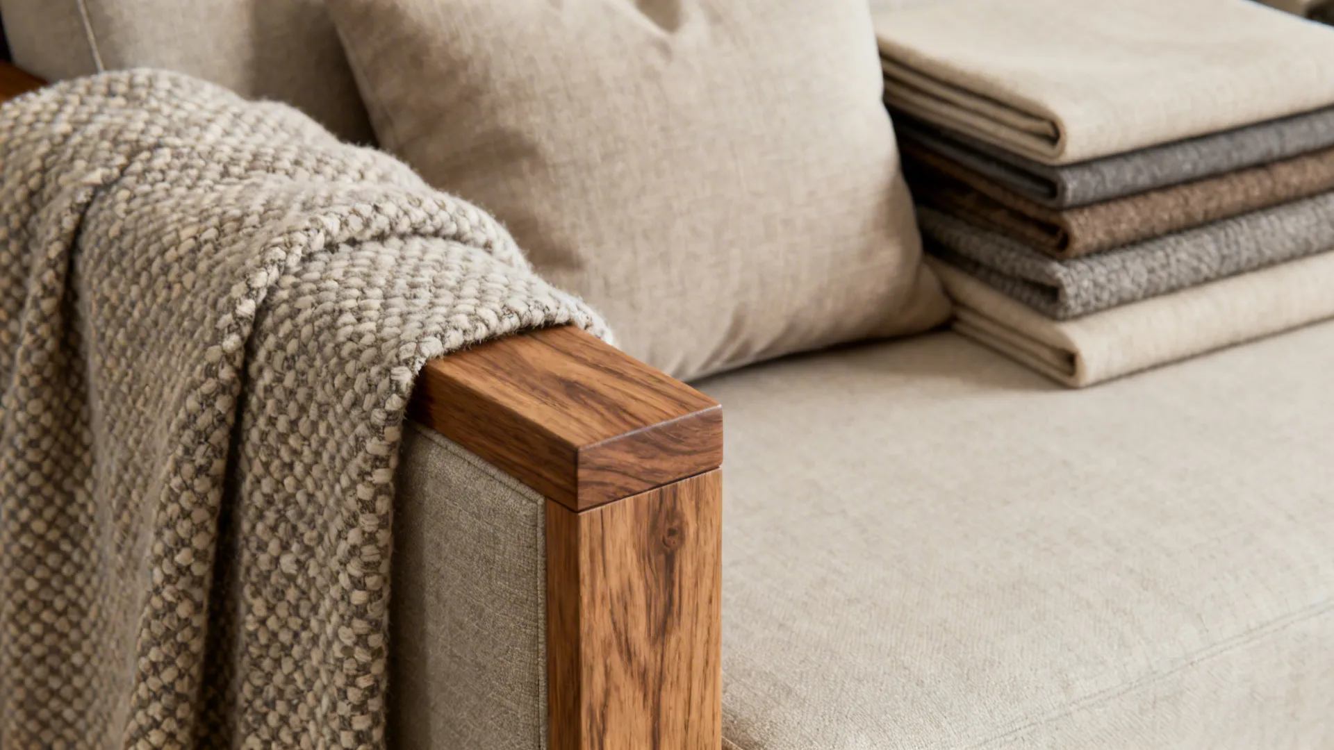 Close-up of upholstery fabric swatches, wood frame detail, and cushions showing durable materials.