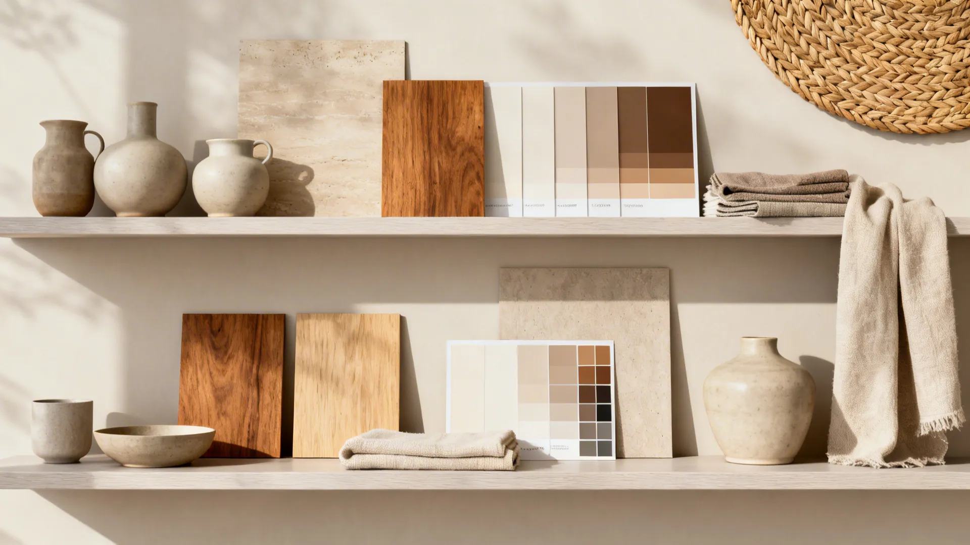 Flatlay of matte ceramics, wood swatches and textile samples for shelf styling.