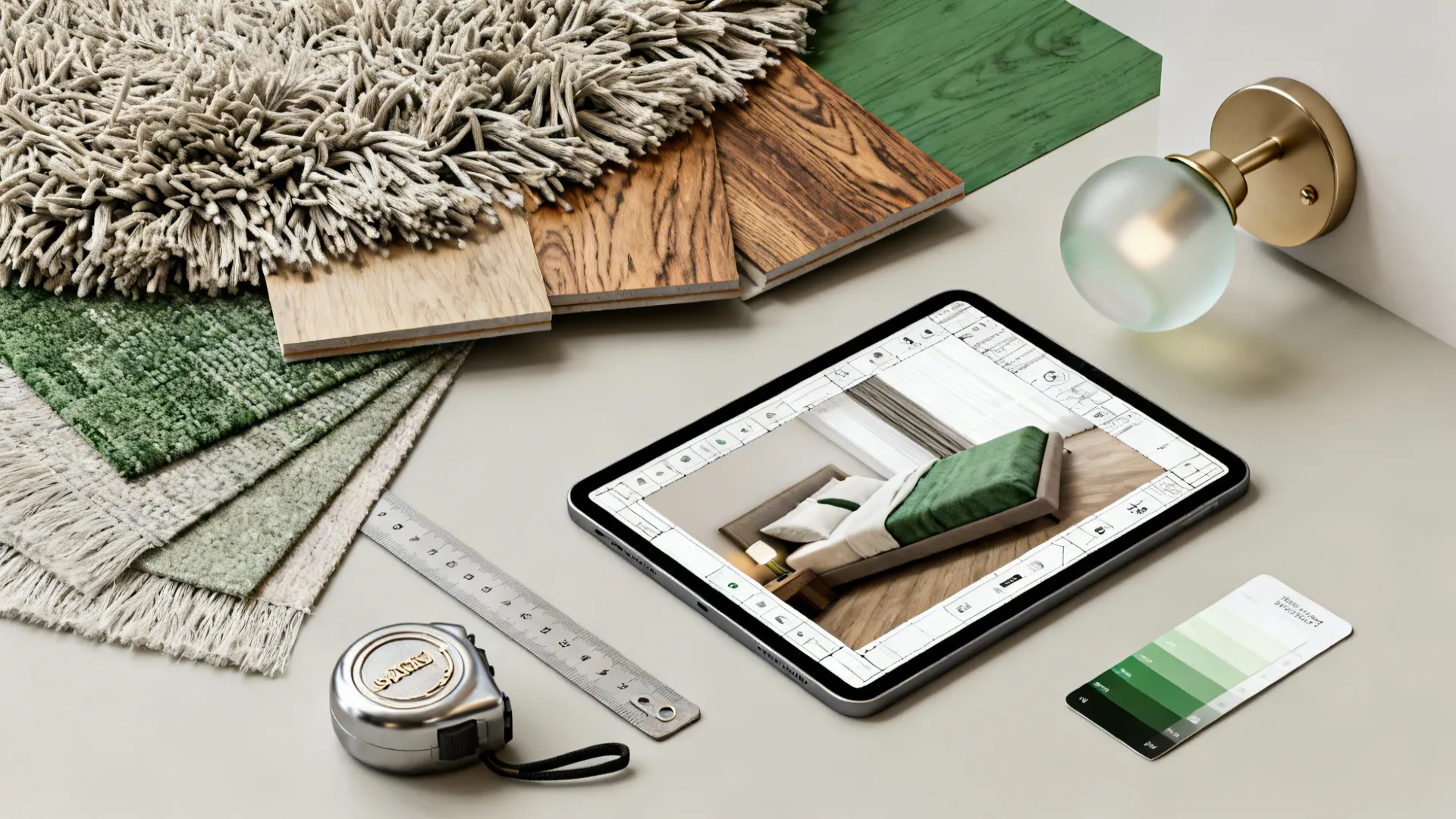 Flatlay of rug swatches, wood samples, a tape measure and a tablet showing a 3D room planner for angled bed layouts.