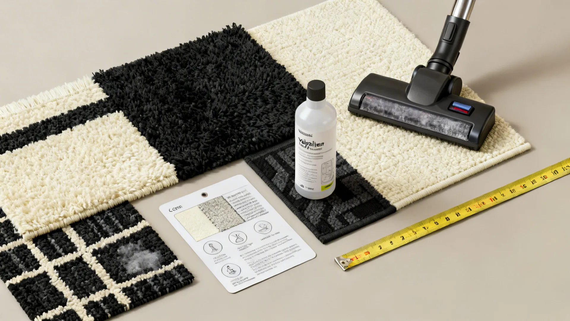 Flatlay of black-and-cream rug material samples, measuring tape, and cleaning supplies.