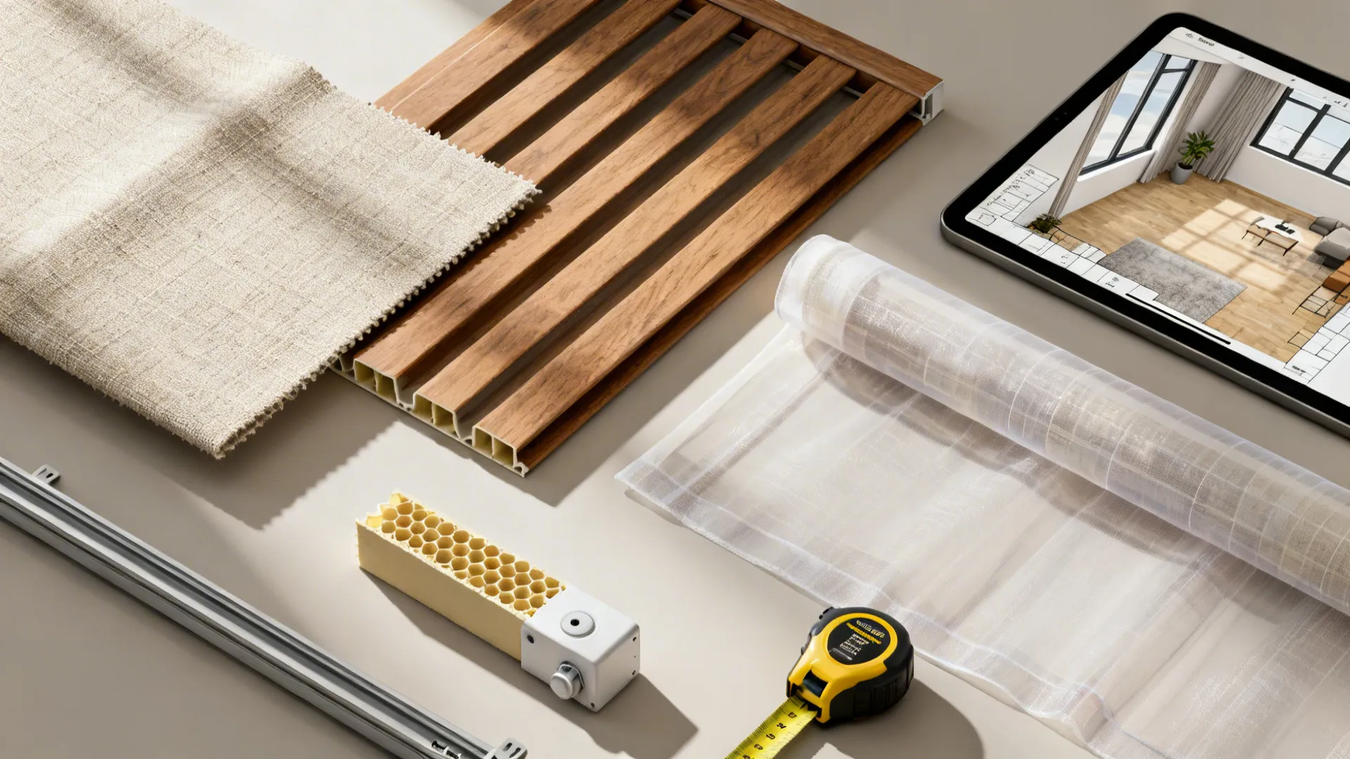 Flatlay of fabric swatches, wood slat sample, honeycomb cross-section and a 3D planner tablet.