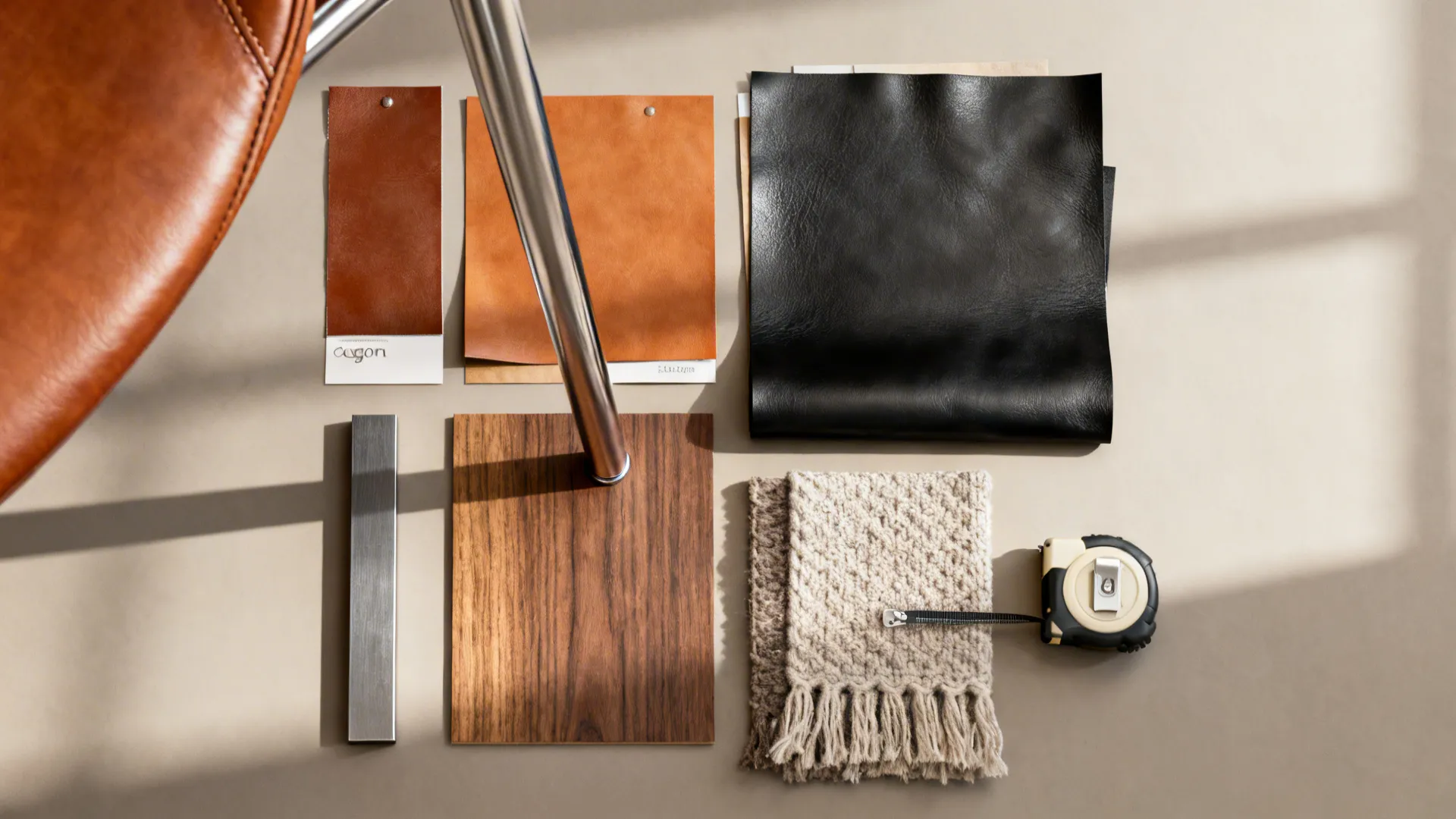 Flat lay with leather samples wood board metal bar knit fabric and a tape measure