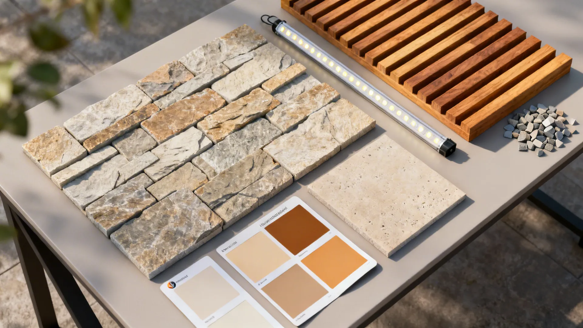 Top-down flatlay of stone veneer, wood slat sample, grout chips and warm color palette cards.