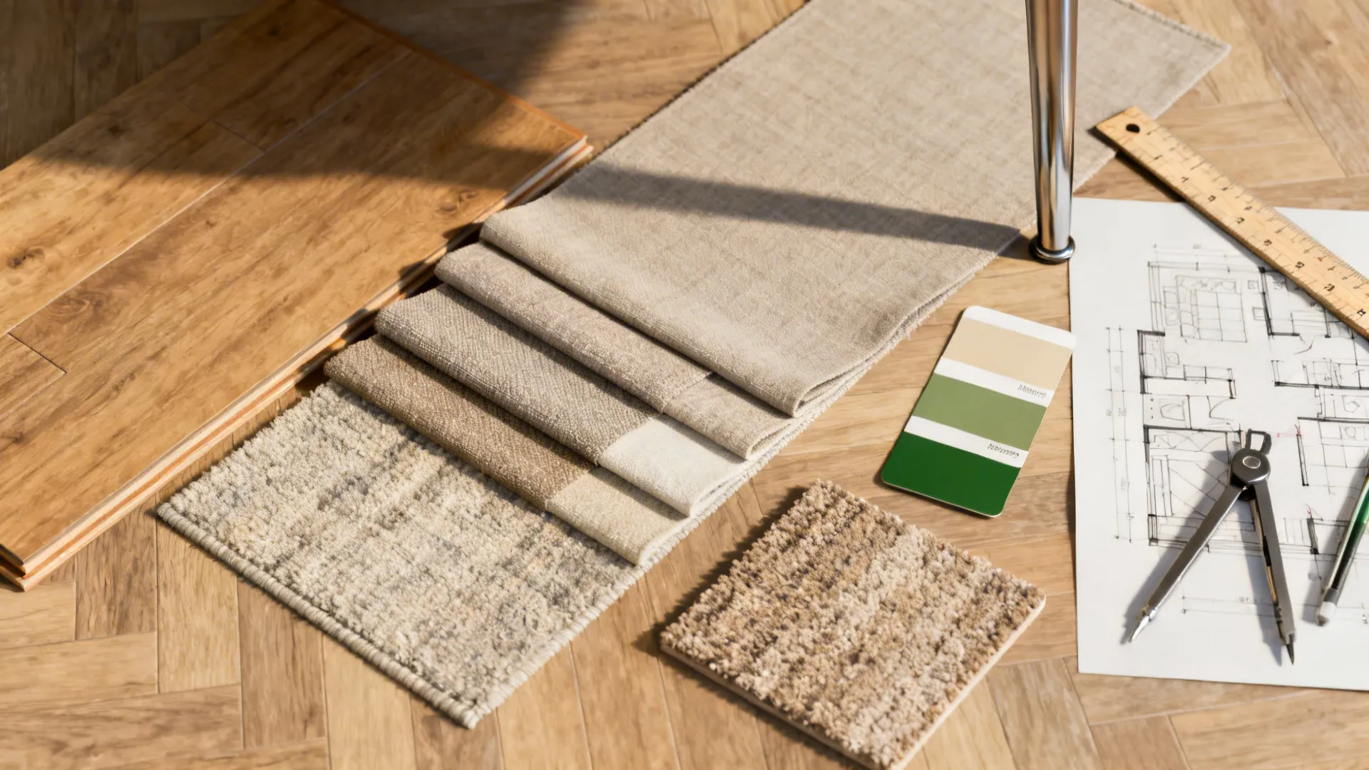 Top-down flatlay of upholstery swatches, wood sample, rug sample and floor plan tools for small living design.
