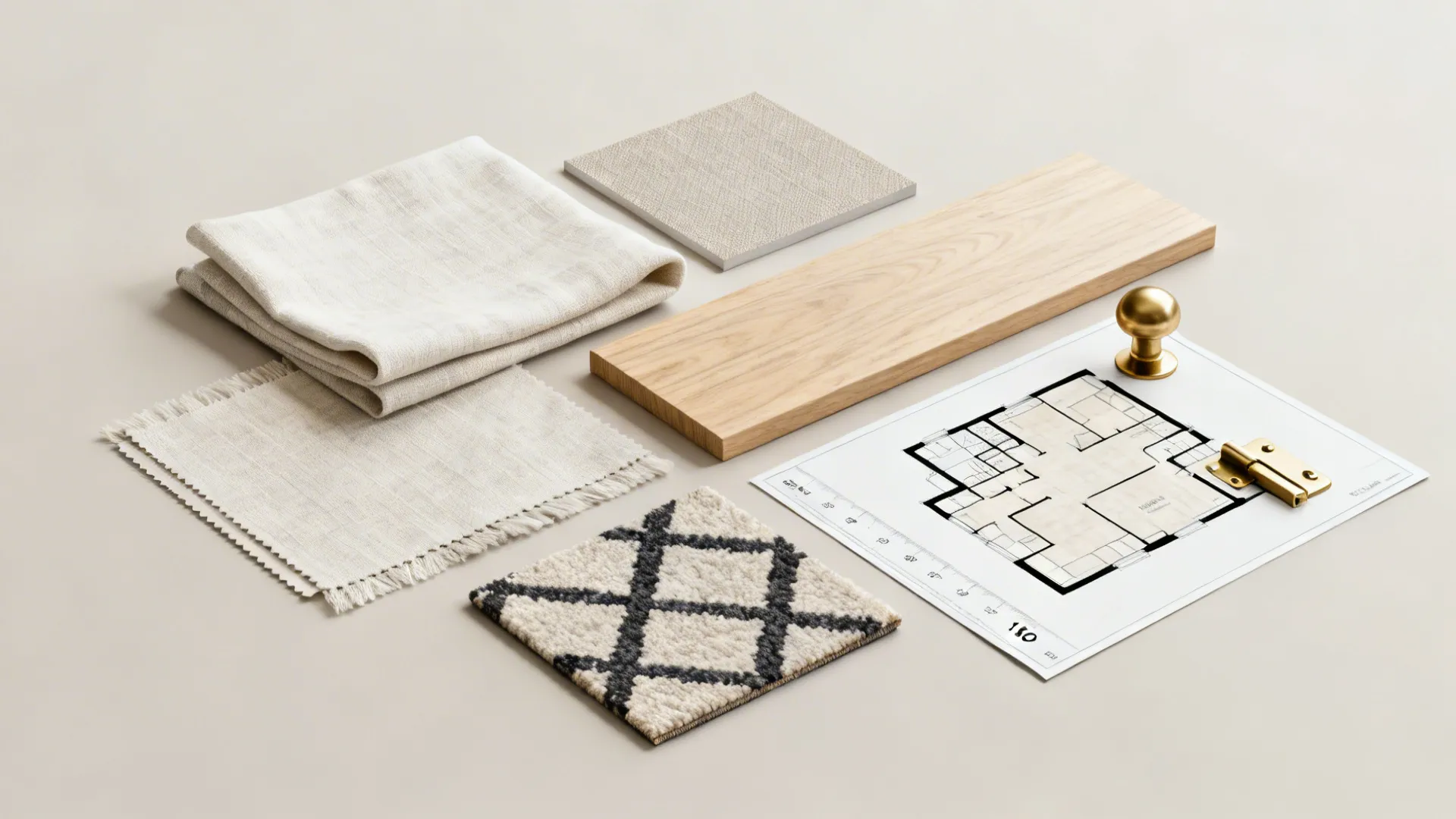 Flatlay of fabric swatches, wood sample, rug and floor-plan for small living room designs