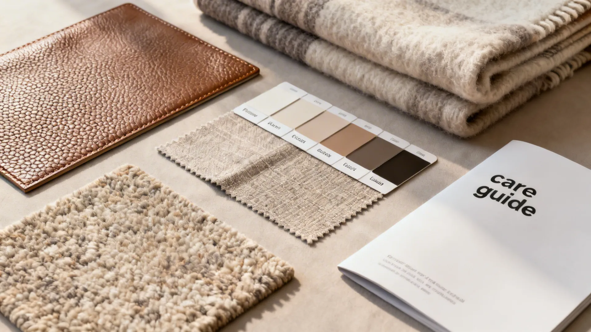 Flatlay of leather and fabric swatches, rug sample and care guide for upholstery