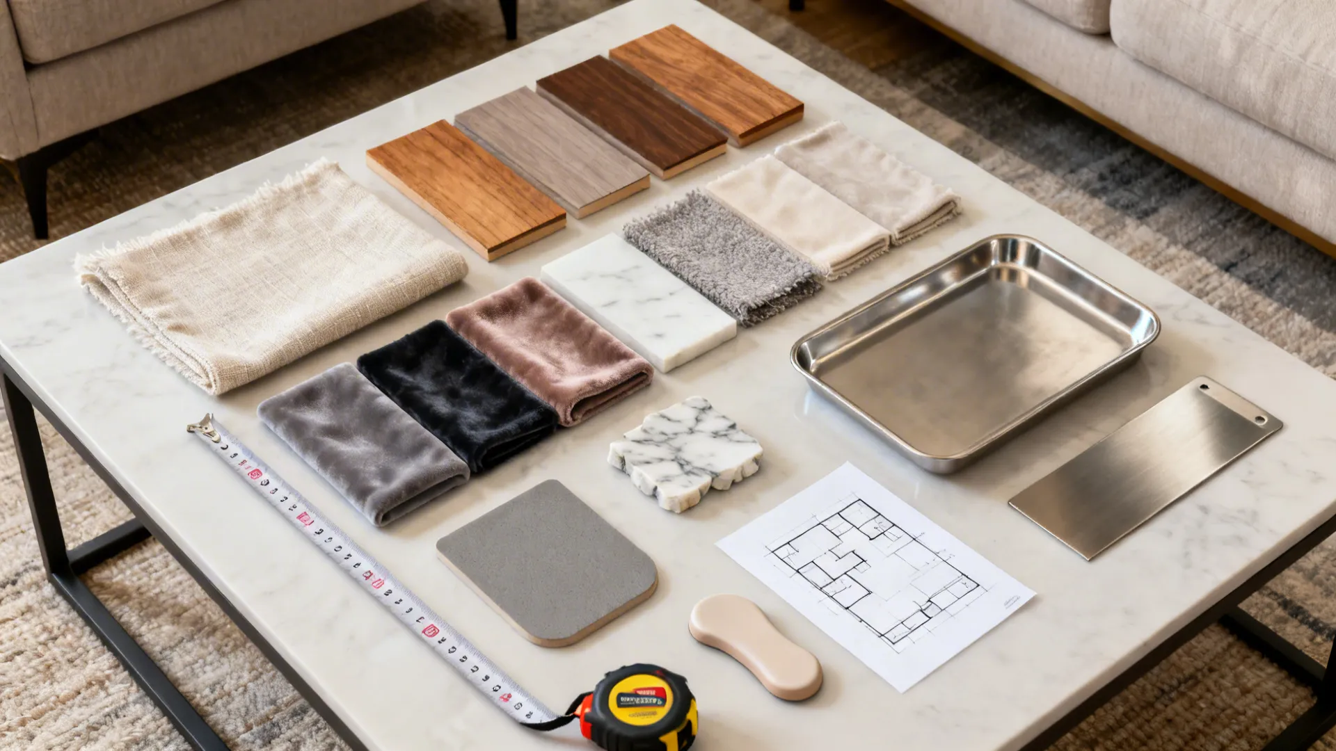 Flatlay of material and color samples for designing a coffee-table-free living room.