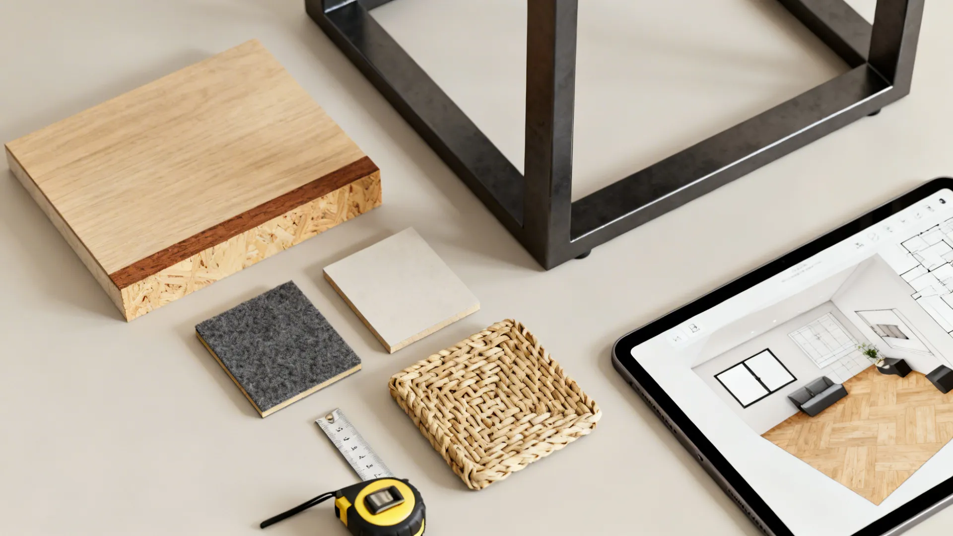 Interior design materials like wood and fabric samples next to a tablet showing room layout drawing
