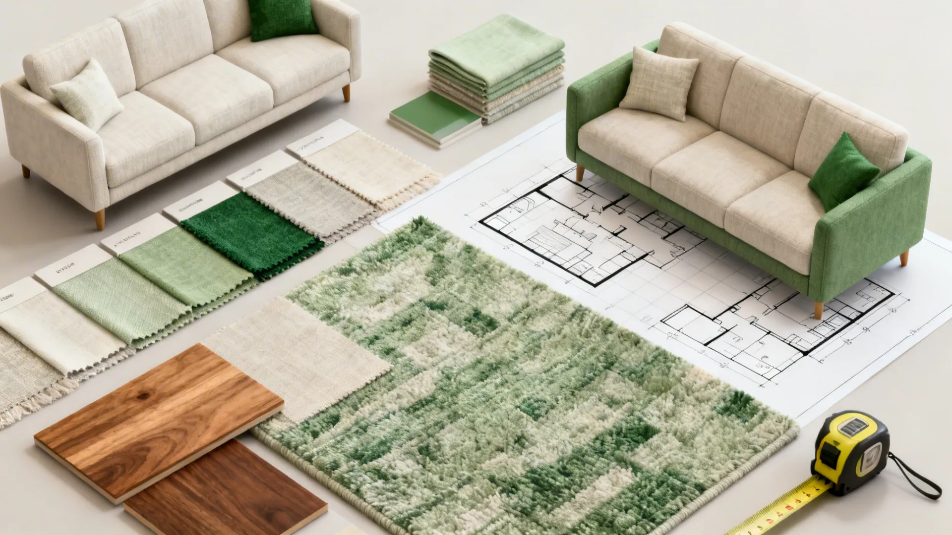 Flatlay of fabric swatches, wood samples, rug texture, tape measure and floorplan sketch for sofa planning