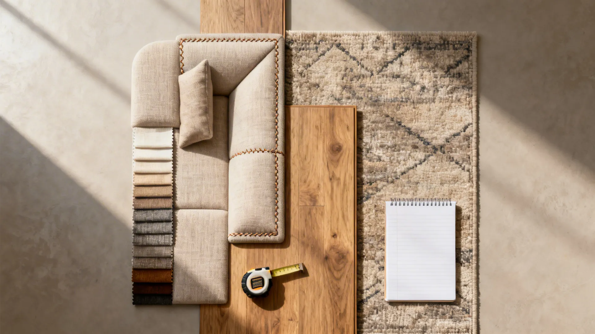 Flatlay of fabric swatches, flooring and rug samples with measuring tape for modular sofa planning.