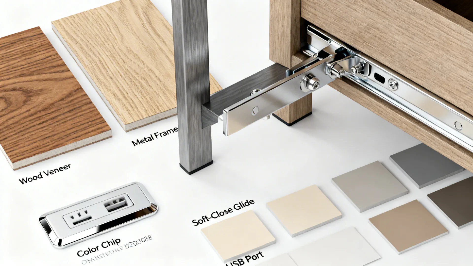 Material samples showing wood veneer metal frame drawer glide usb port and small colorful chips