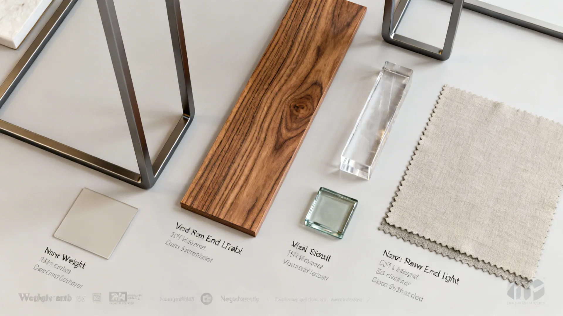 Flatlay of material samples for narrow end tables including wood, metal, acrylic and fabric