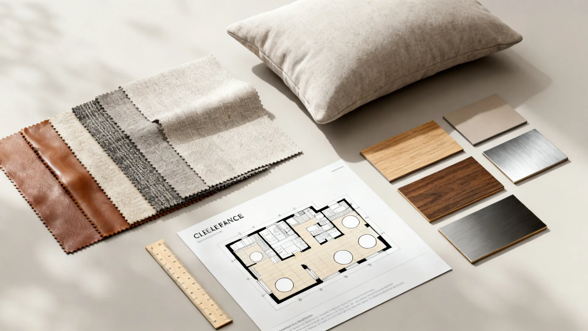 Flatlay of fabric and leather swatches, finish samples, and a floor plan for swivel chair planning.