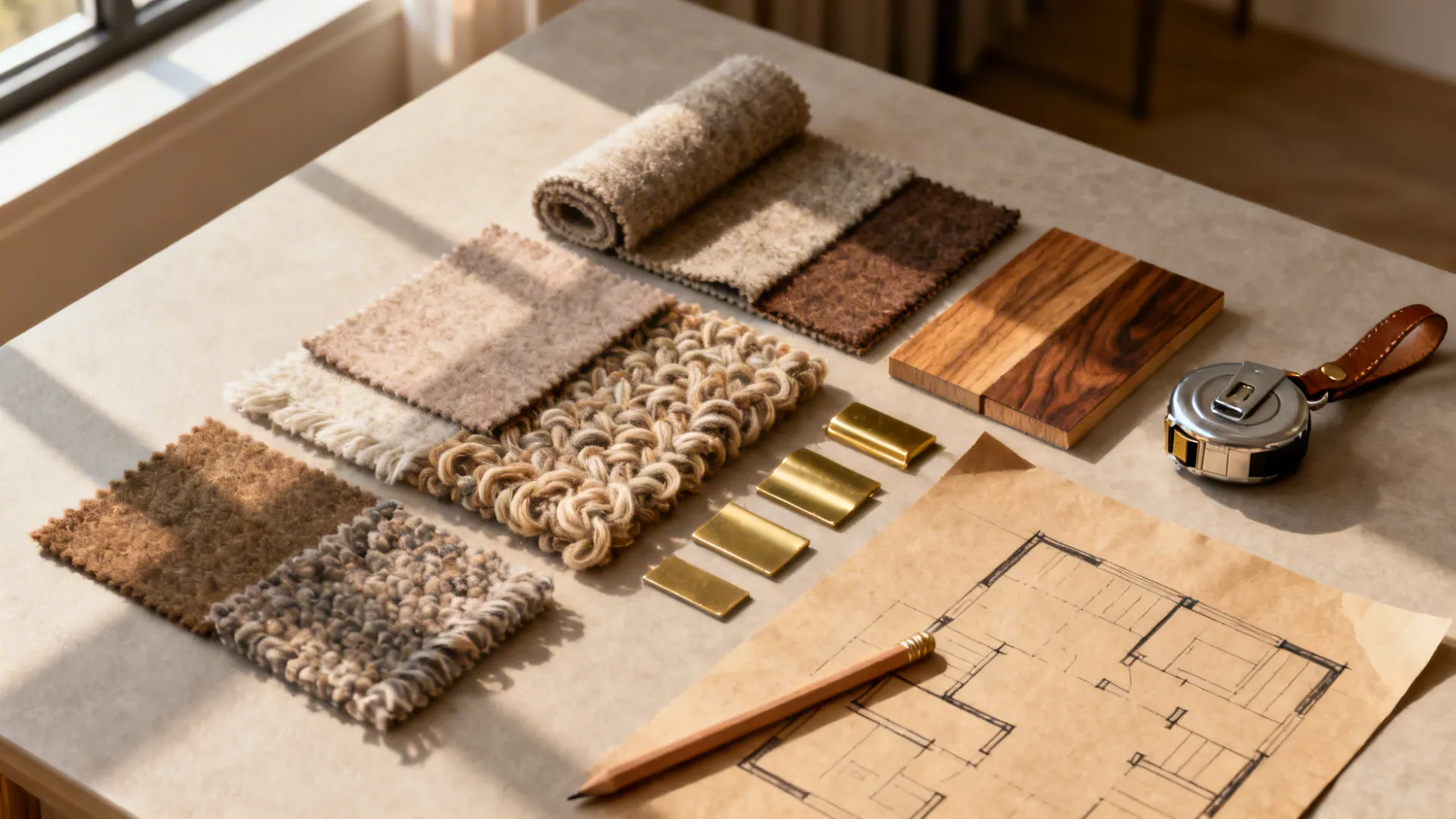 Flatlay of mid-century fabric swatches, wood samples, brass accents and a floor plan sketch.