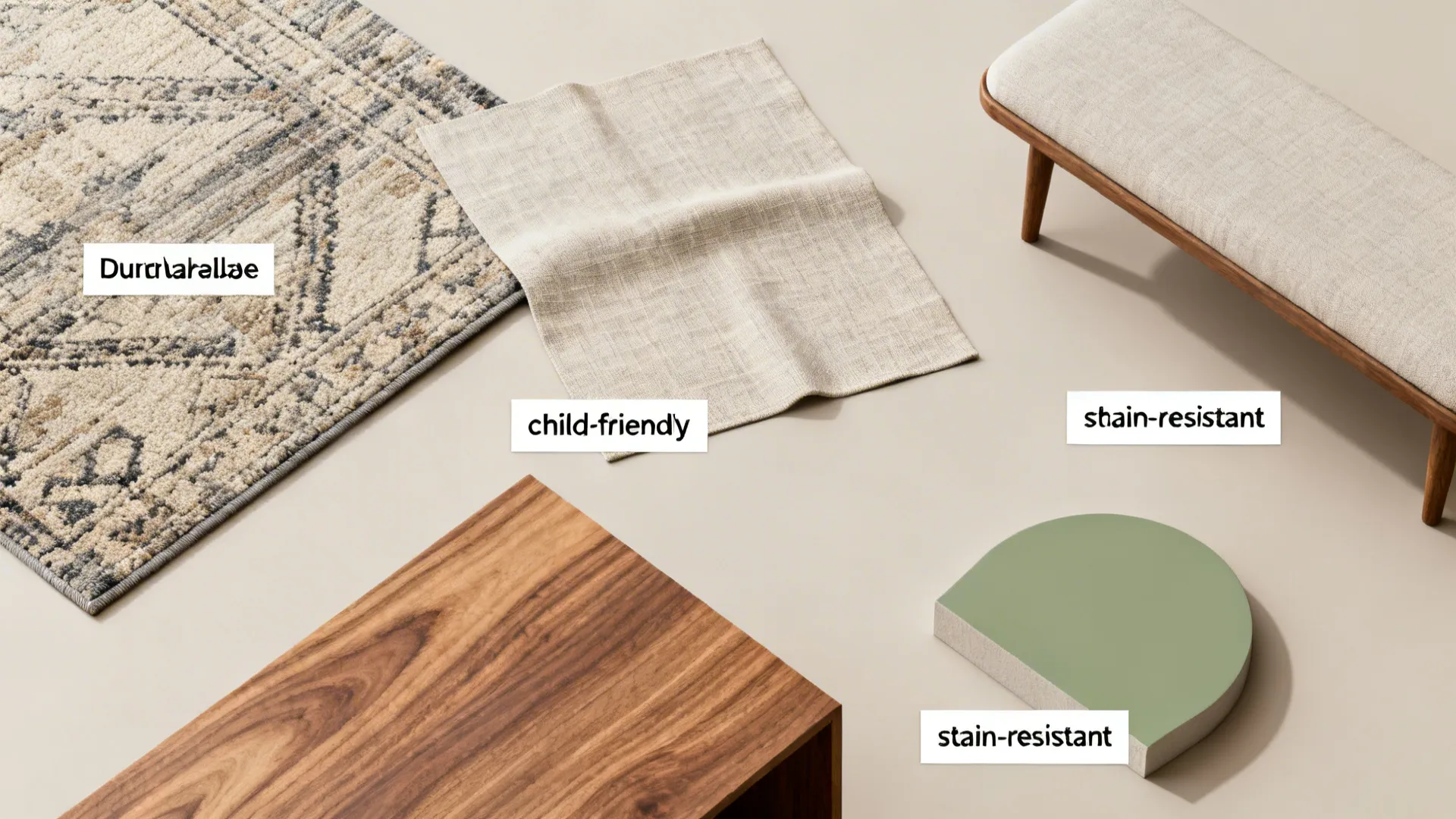 Material and color swatches for a child-friendly living room without a coffee table.
