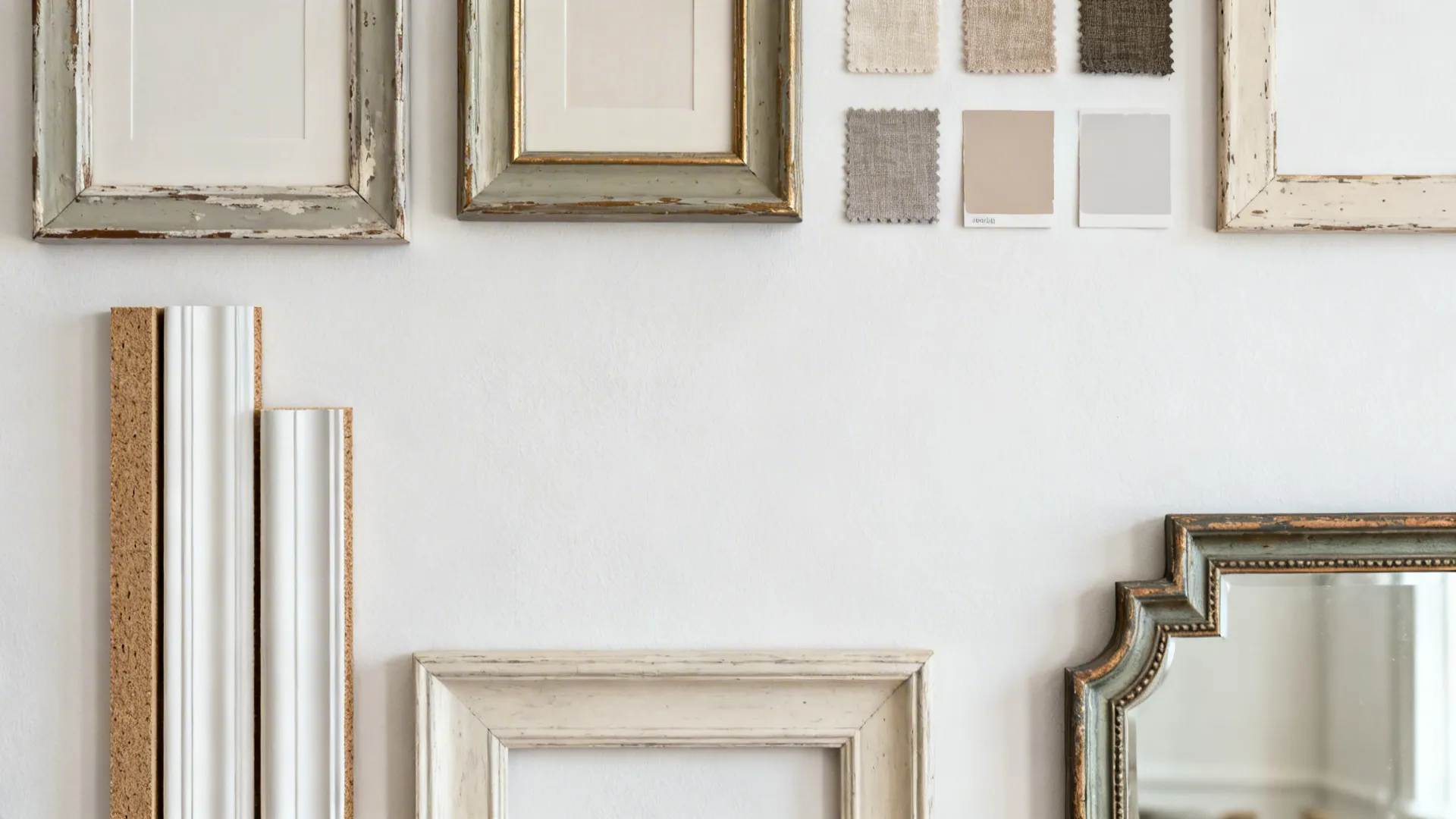 Flatlay of thrifted frames, textile swatches, MDF strips and paint chips for white wall decor ideas