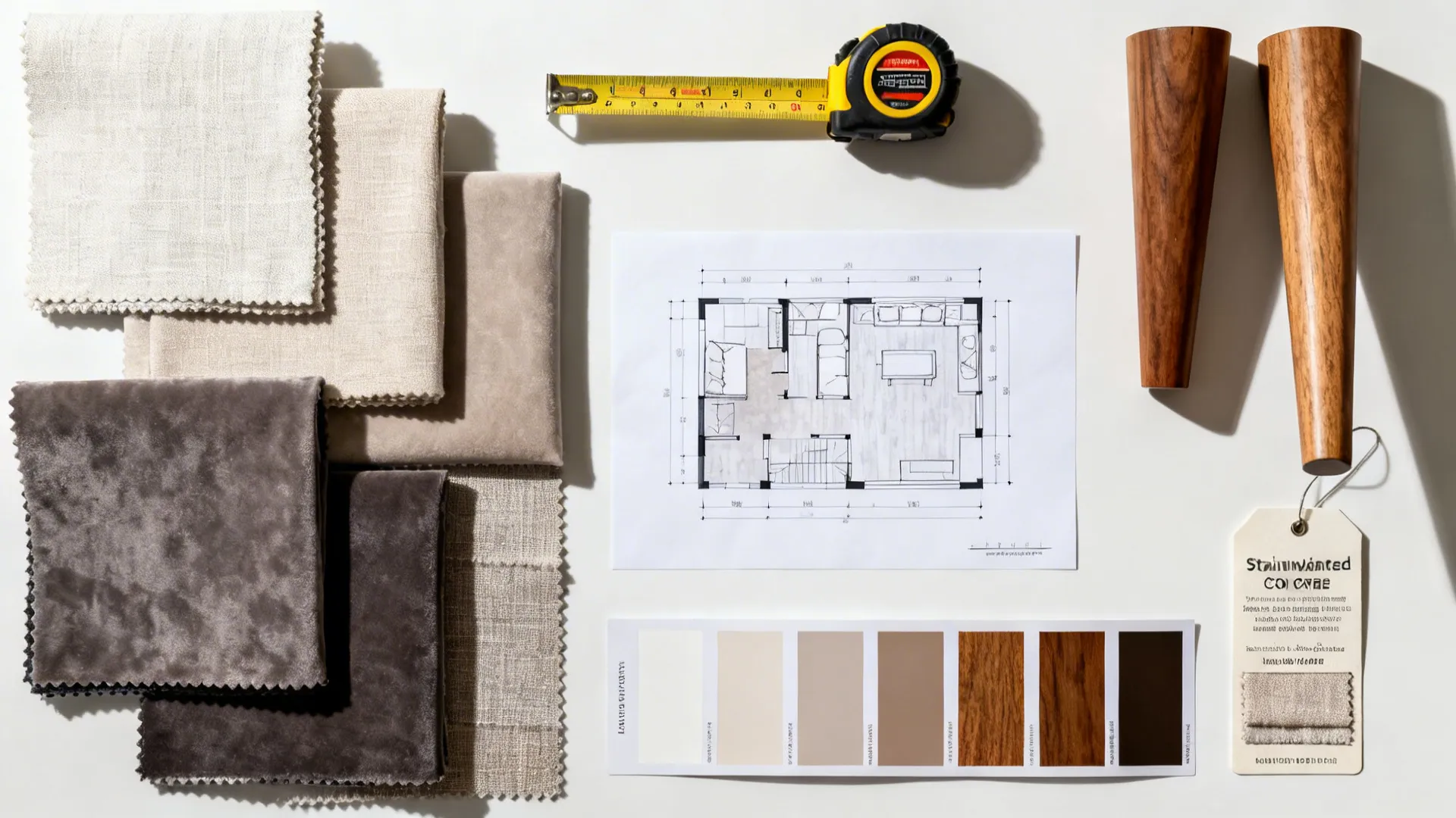Top-down flatlay of fabric swatches, wood samples, tape measure and a small floor-plan sketch for furniture planning.