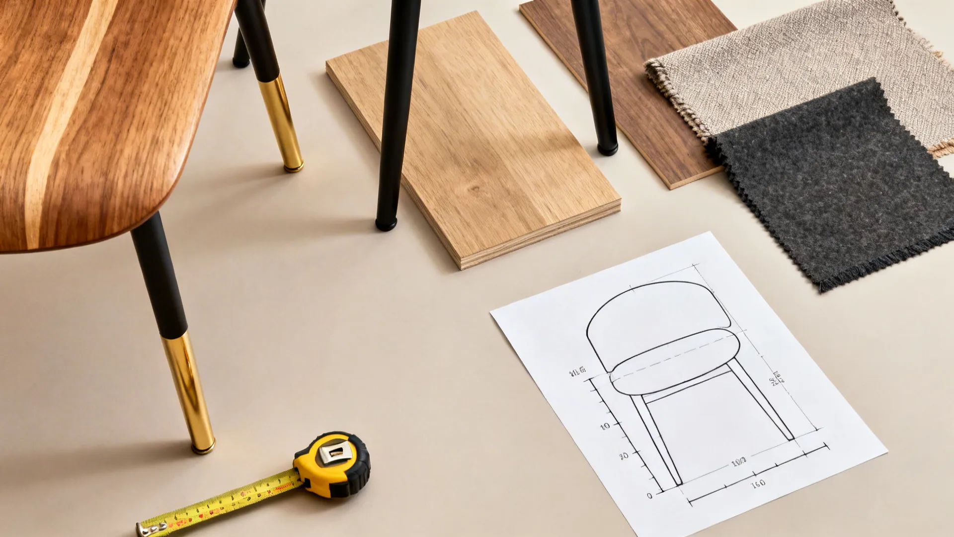 Flat lay of interior design materials wood samples fabric swatches measuring tape and chair drawing