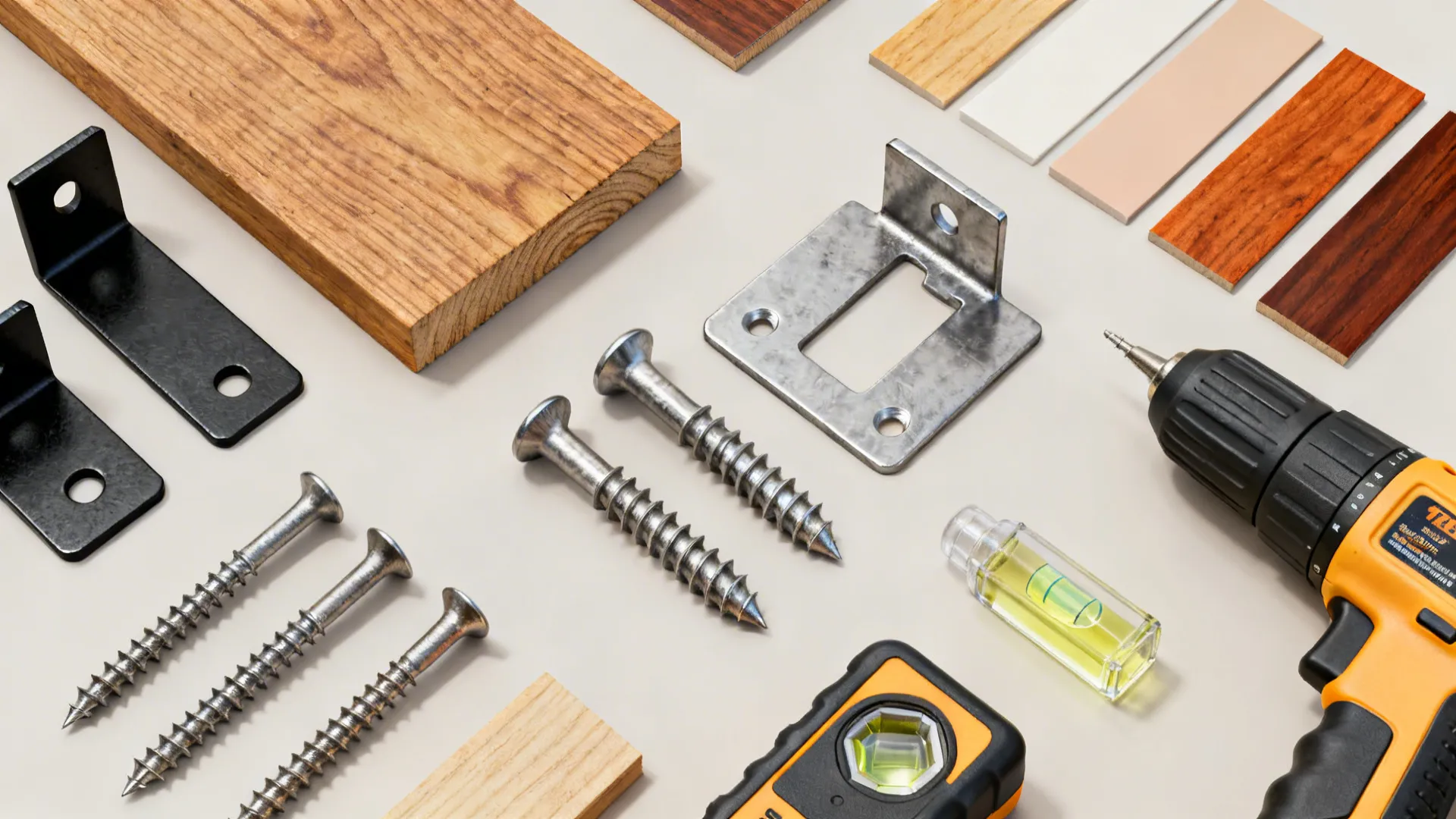 Flatlay of timber samples, brackets, anchors and tools for shelving installation
