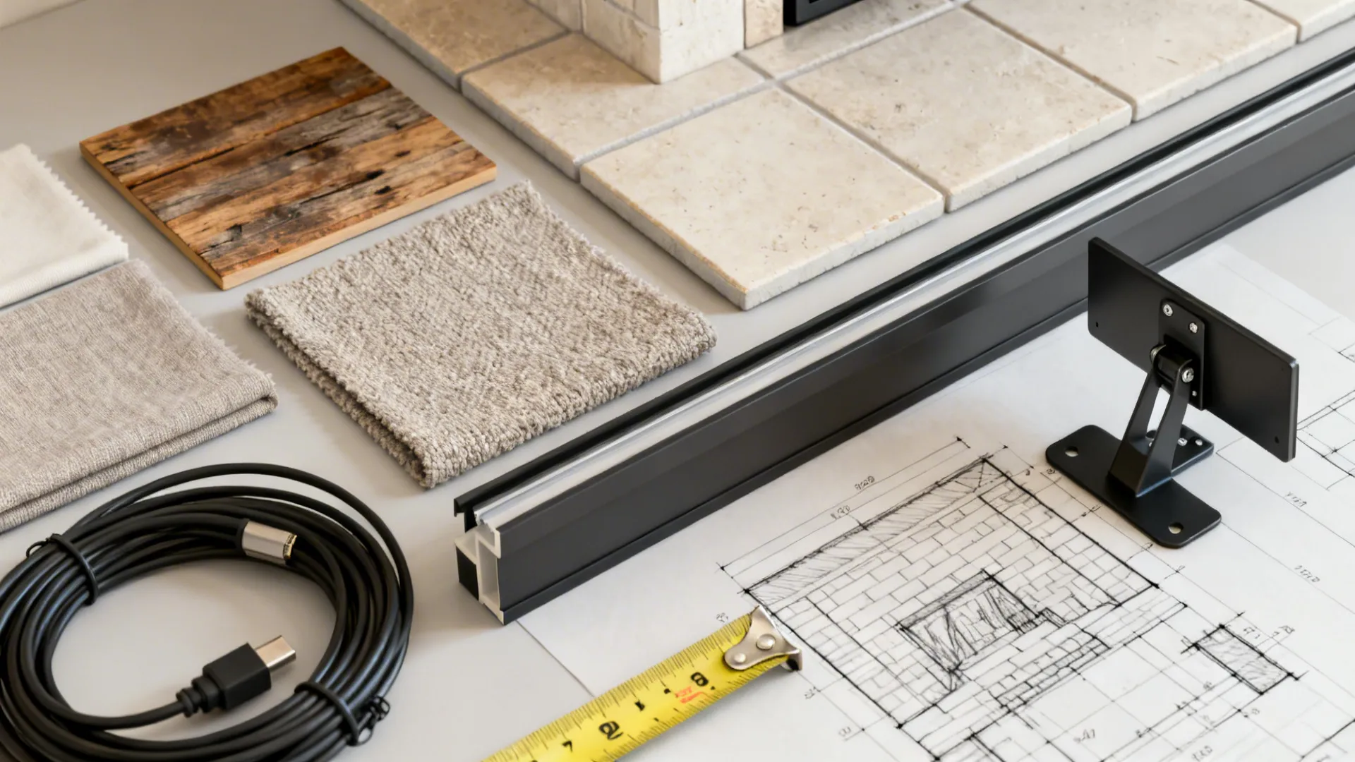 Wood samples fabric carpet tiles floor plan drawing tape measure and black cable on table