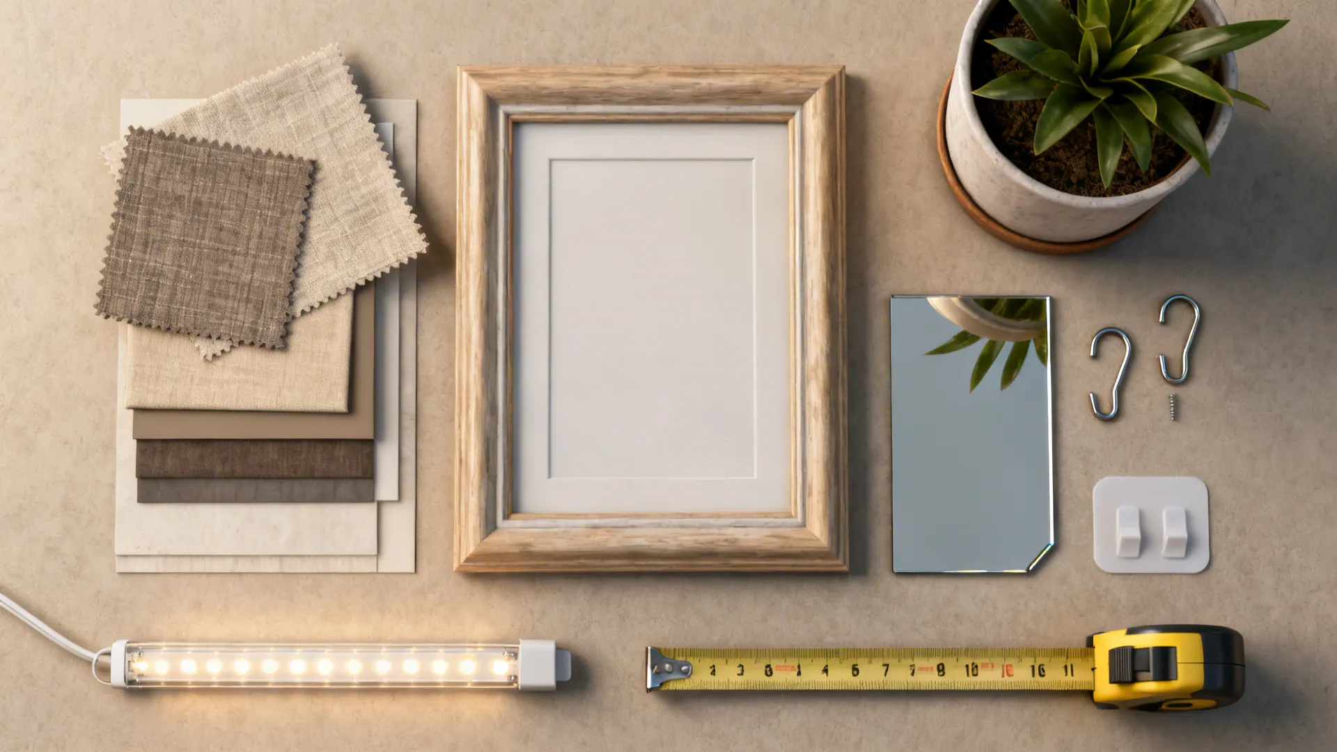 Flatlay of fabric swatch, frame samples, LED strip, plant pot and tools for planning tall wall decor.