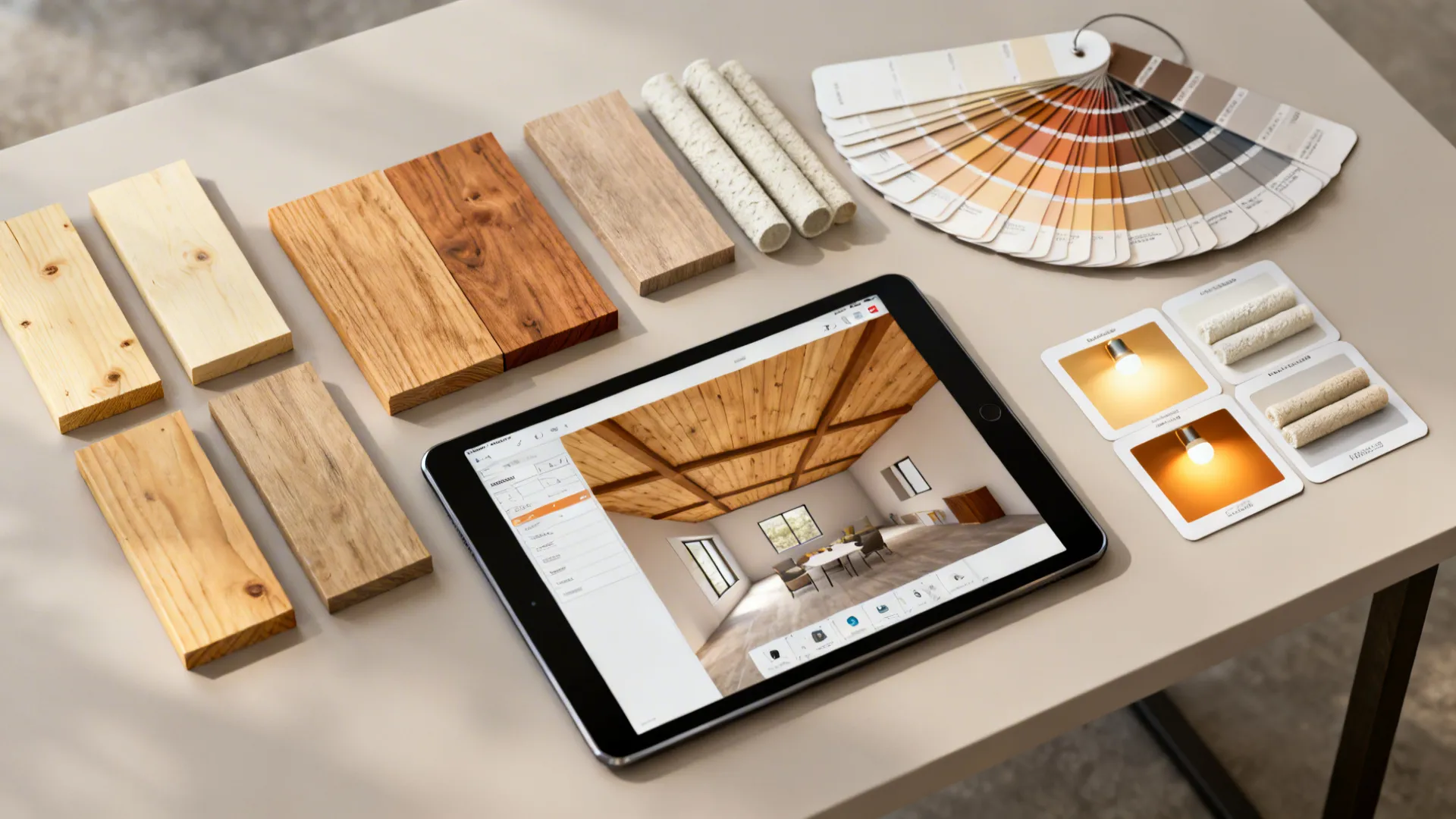 Flatlay of wood swatches, paint chips, lighting mockups and a tablet showing a 3D planner for ceiling design.