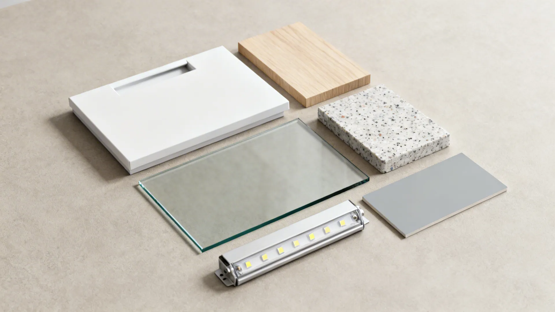 Flatlay of matte white, pale oak, low-iron glass, quartz, and LED components for a small kitchen.