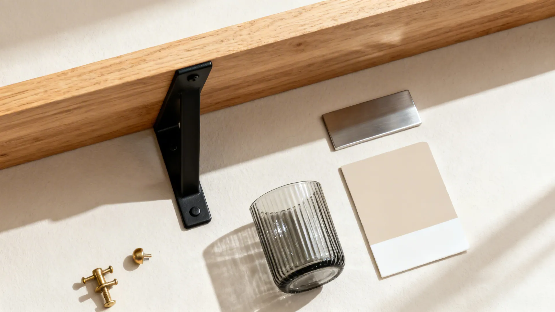 Flat lay of oak wood, black metal, brushed nickel, brass pieces, ribbed glass, and paint swatch.