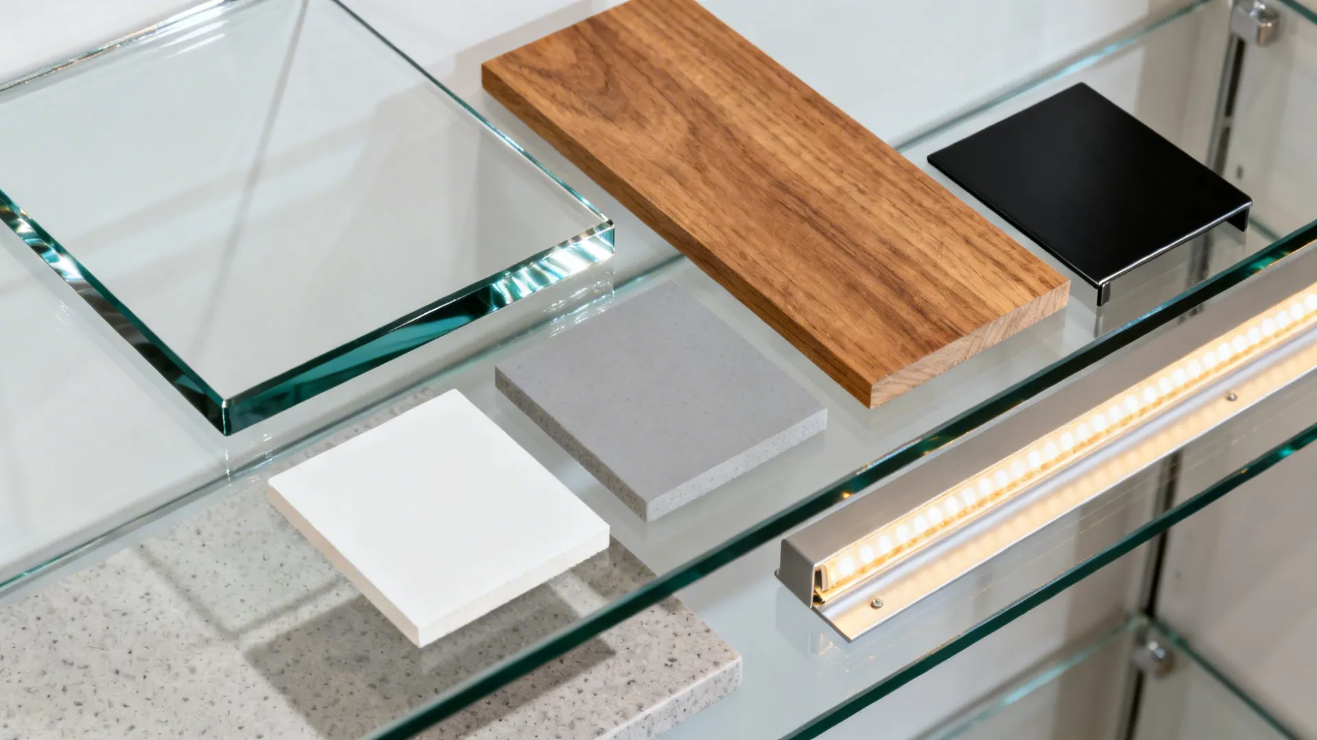 Interior design materials including wood glass stone and metal samples with a warm light fixture