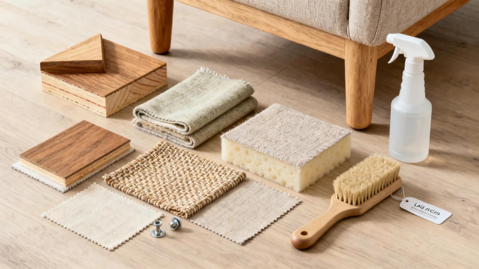 Flat lay of sofa materials: wood frame samples, high-resilience foam, fabric swatches, and rounded legs.