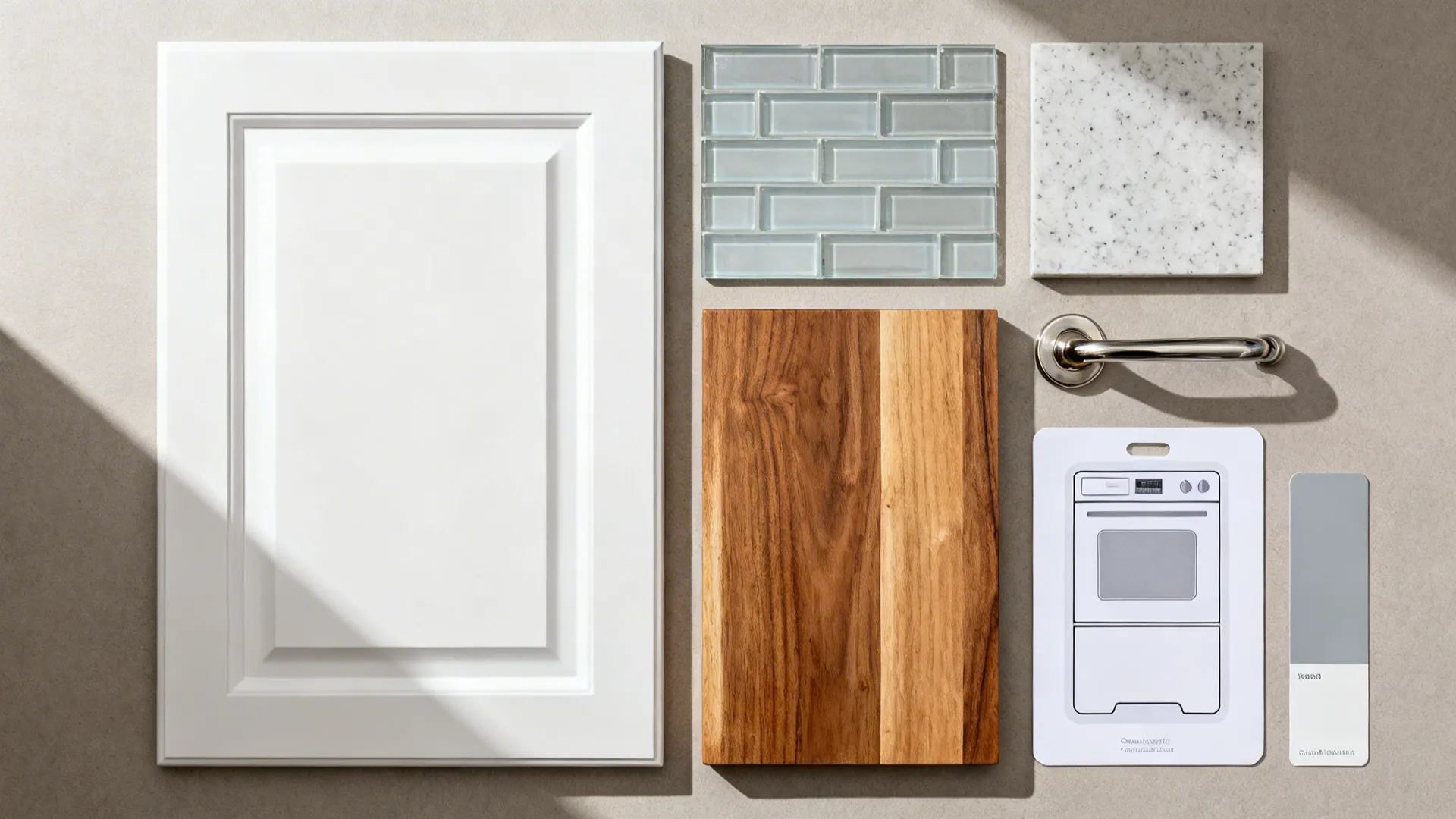 Flat lay of white cabinet, glass backsplash, quartz, oak butcher block, stainless hardware, and gray paint chip.