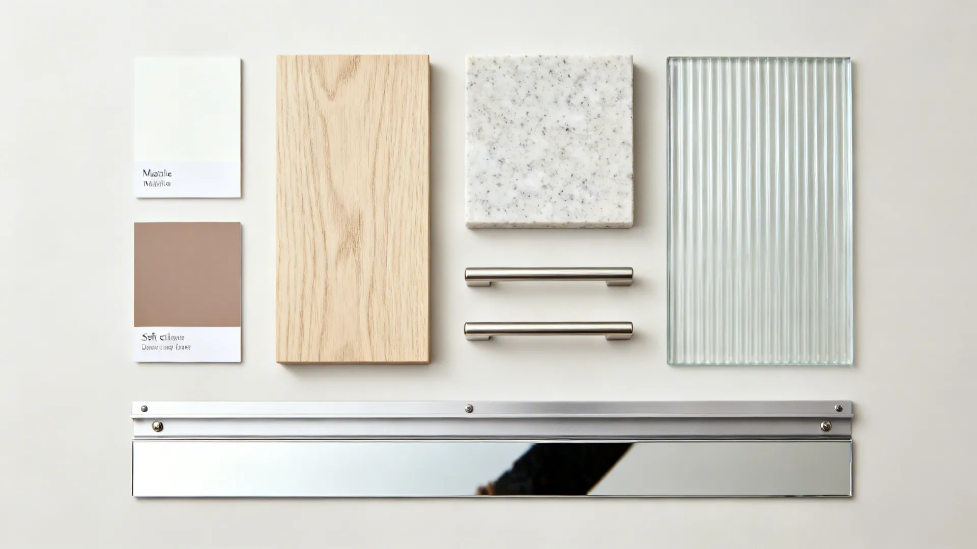 Flat lay of warm white and mushroom paint chips, pale oak, quartz, slim pulls, ribbed glass, and hardware.