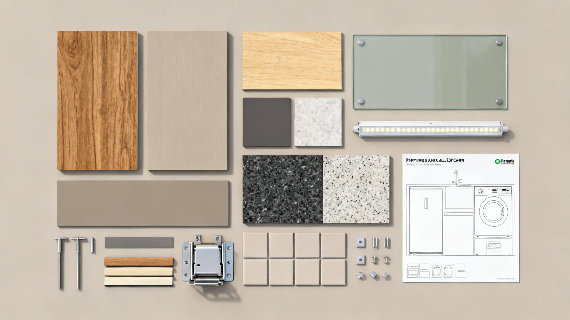 Flatlay of small-kitchen materials: HPL, plywood, quartz, glass, LED strips, and hardware.