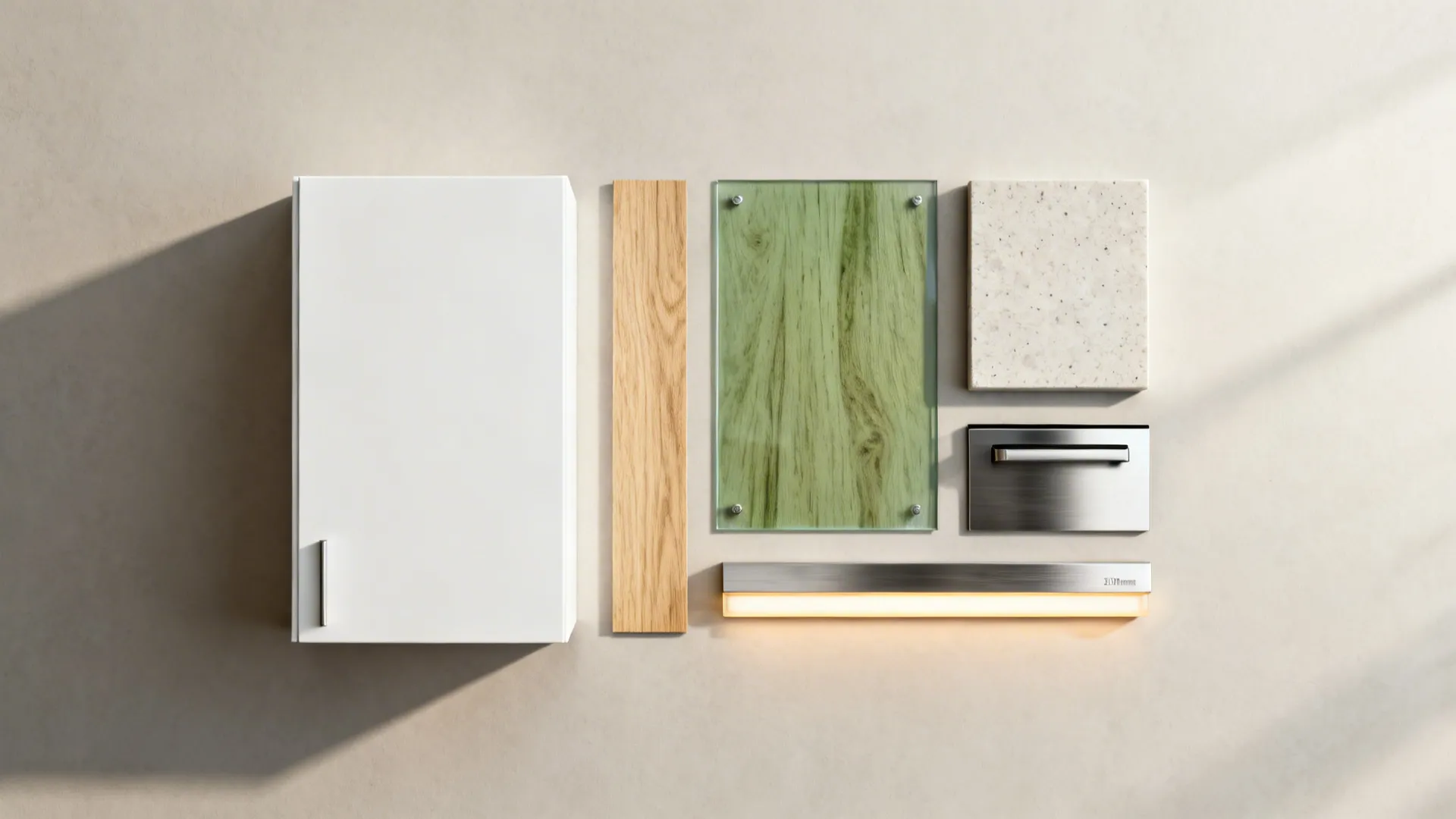 Flat lay of matte white front, light oak, green glass, slim stone, and brushed steel finishes.