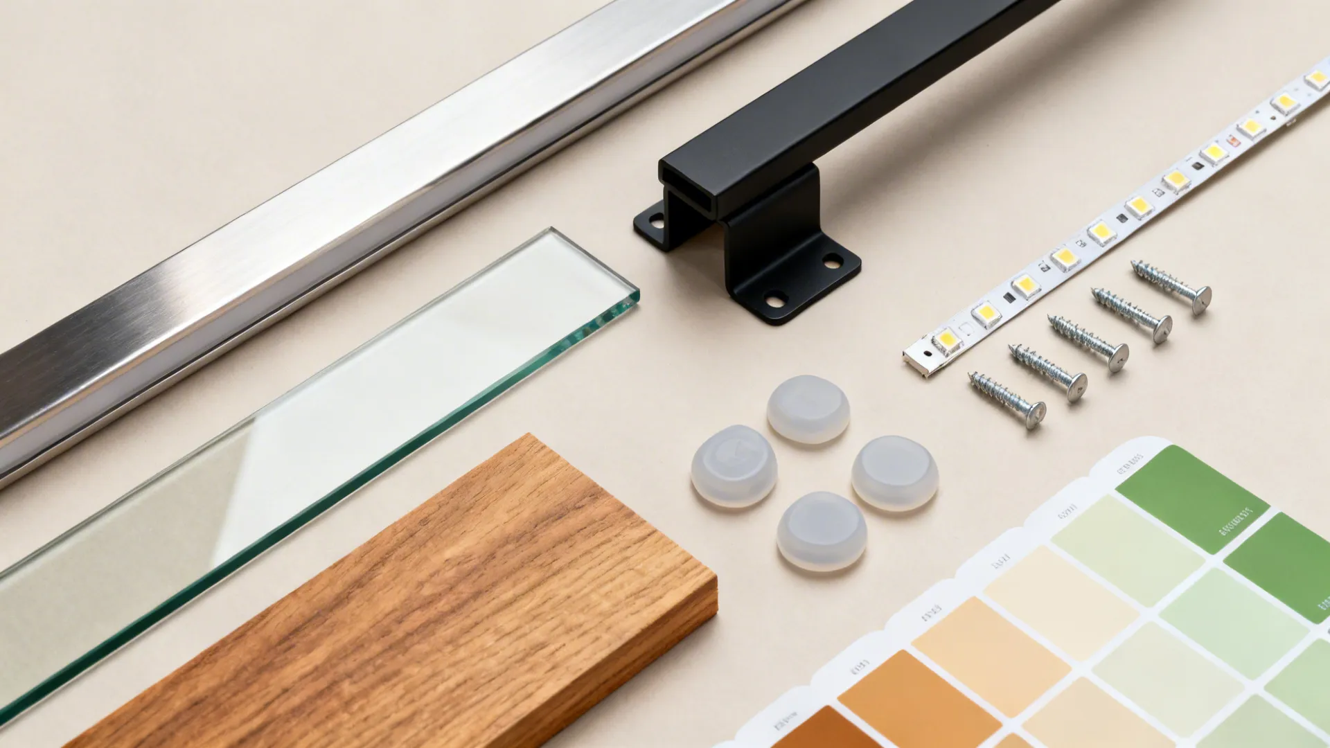 Flat lay of stainless, matte black, tempered glass, sealed oak, silicone feet, and anchors.