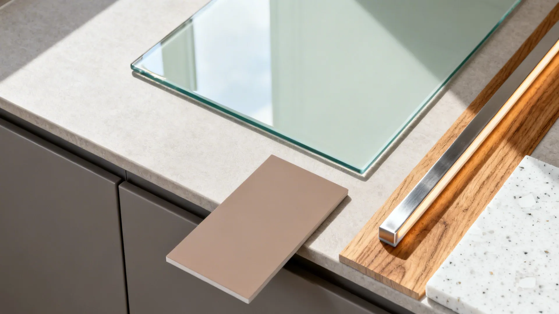 Flat lay of sage glass, matte gray cabinet, oak veneer, and quartz