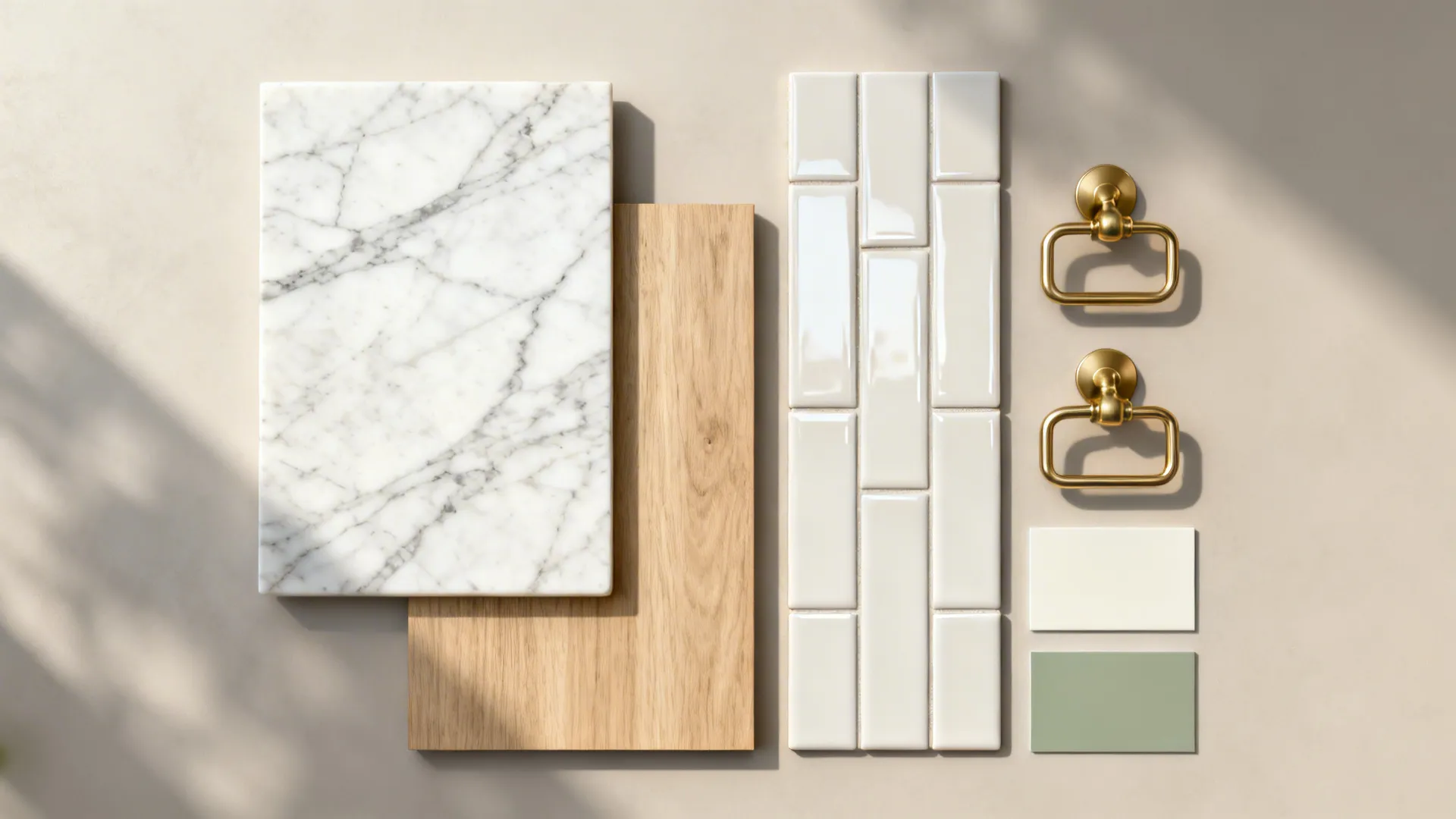 Flat lay of veined quartz, light oak, glossy tile, satin brass, and off-white paint chips.