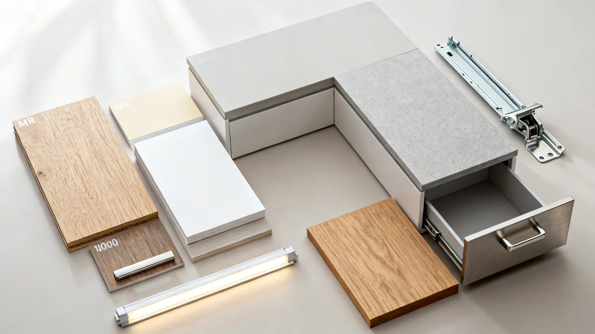 Flat lay of plywood, laminate, engineered stone, oak veneer, and stainless hardware for a durable kitchen.