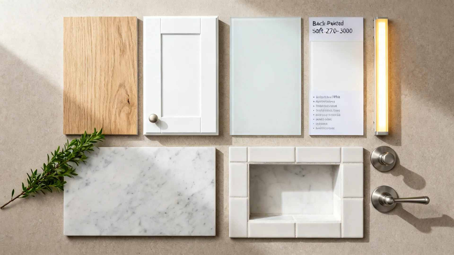 Flatlay of oak veneer, matte white, glass, warm LED, quartz, porcelain, and brushed hardware.