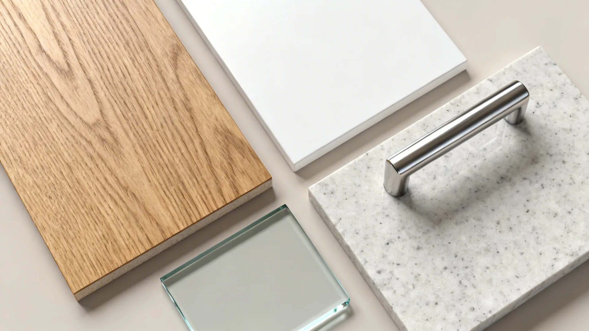 Flat lay of oak veneer, satin white lacquer, glass splash sample, quartz, and a brushed metal pull.