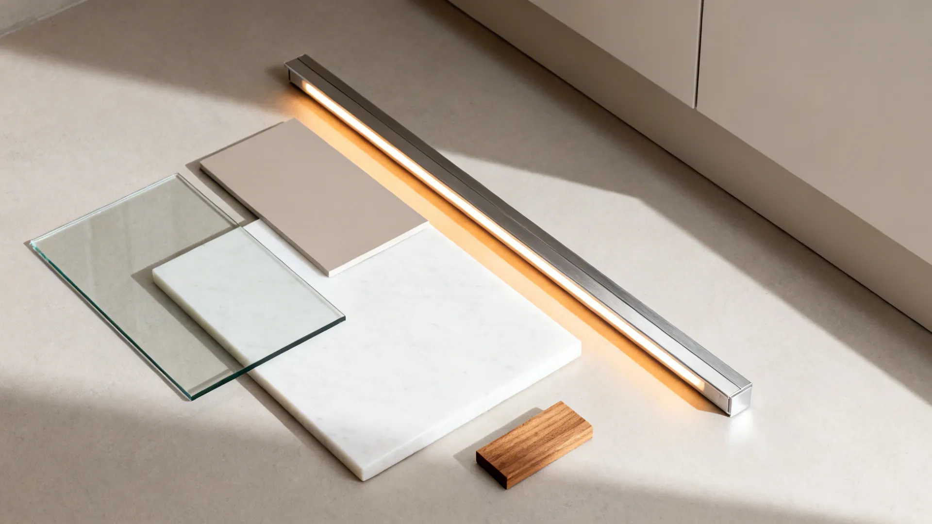 Flatlay of low-iron glass, satin cabinet finish, thin quartz, LED channel, and oak accent