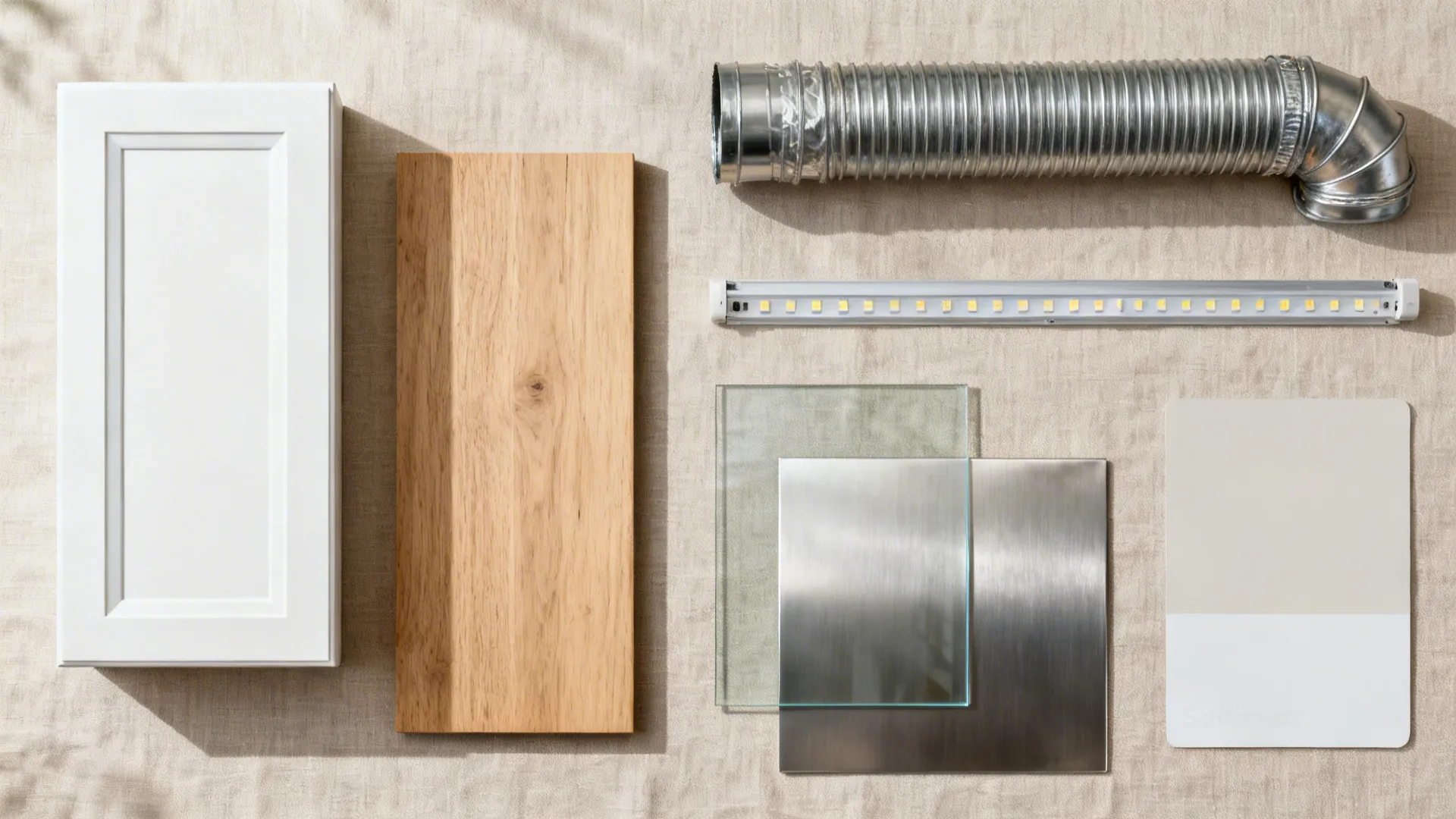Flat lay of matte white cabinet, oak, low-iron glass, stainless, rigid duct, and LED strip.