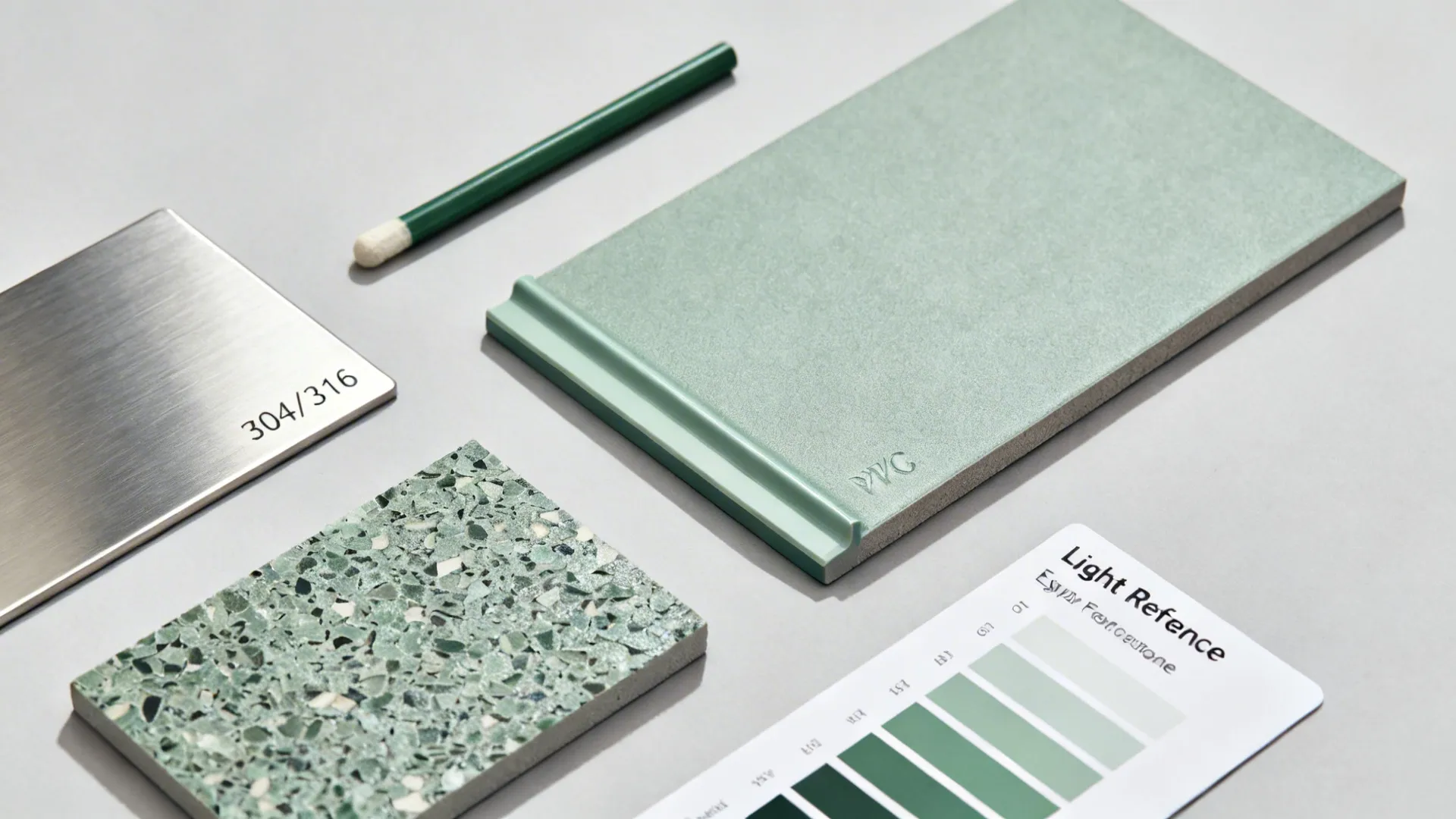 Flatlay of stainless steel, hygienic cladding, resin floor, and epoxy grout samples.