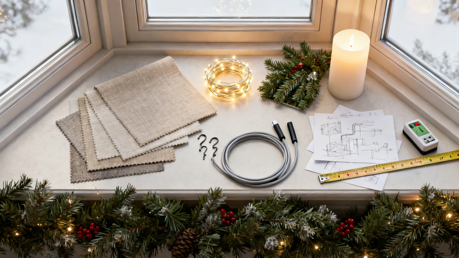 Flatlay of materials for decorating a bay window: fabric swatches, string lights, faux garland, battery candles and cable covers.