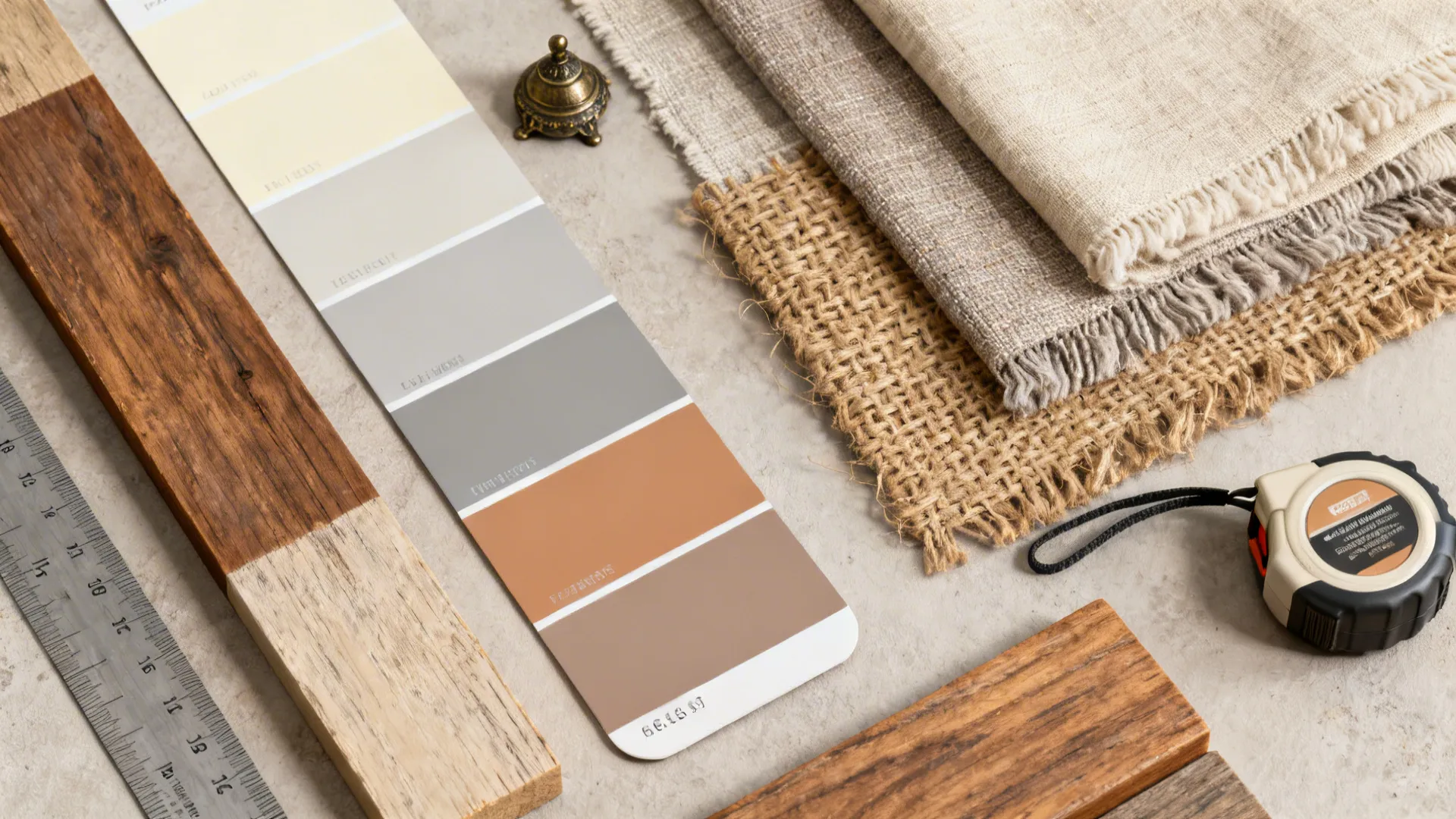 Flatlay of rustic material samples: wood planks, fabric swatches, neutral paint chips and measuring tape